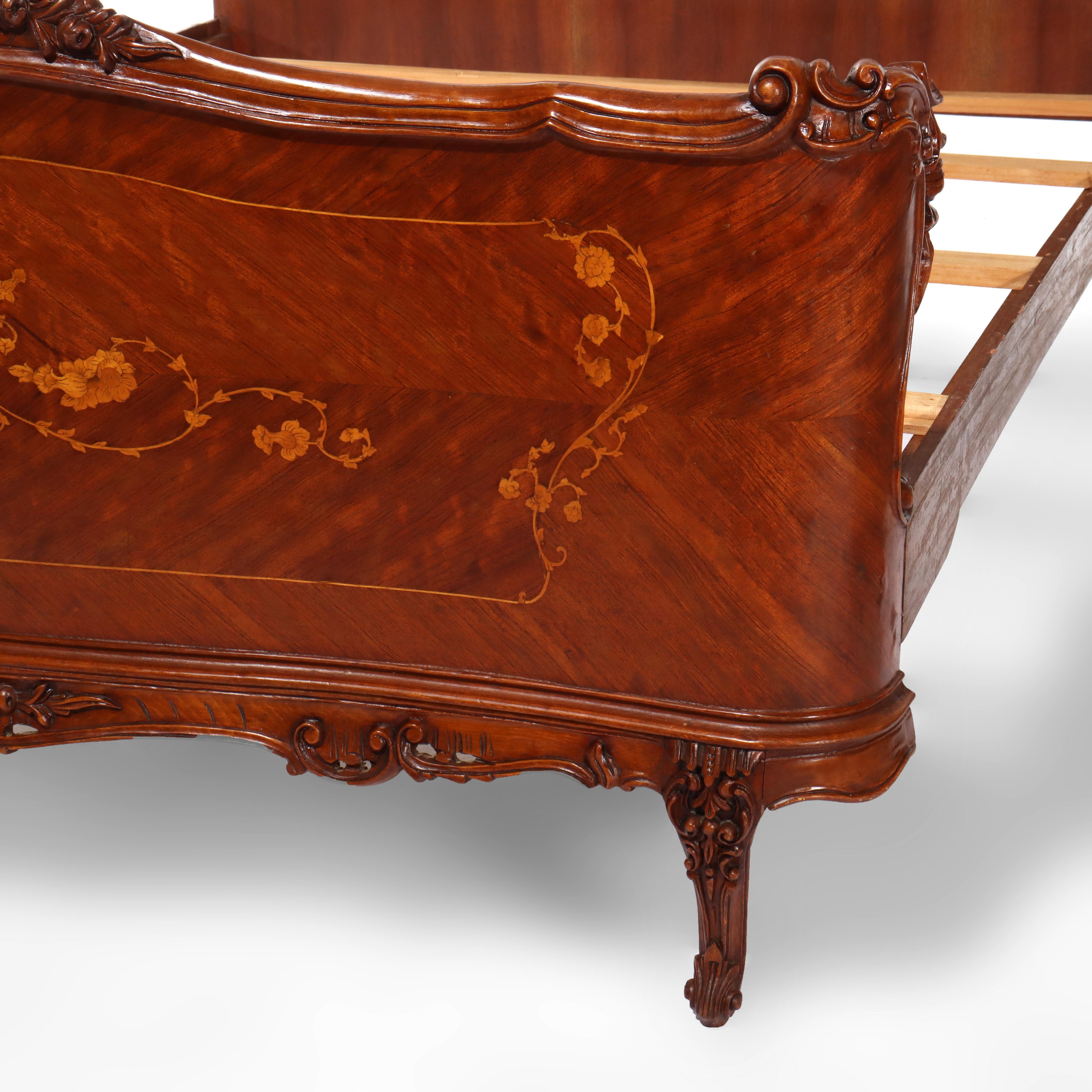 French Carved & Inlaid Kingwood & Satinwood Marquetry King Sized Bed 20thC For Sale 1