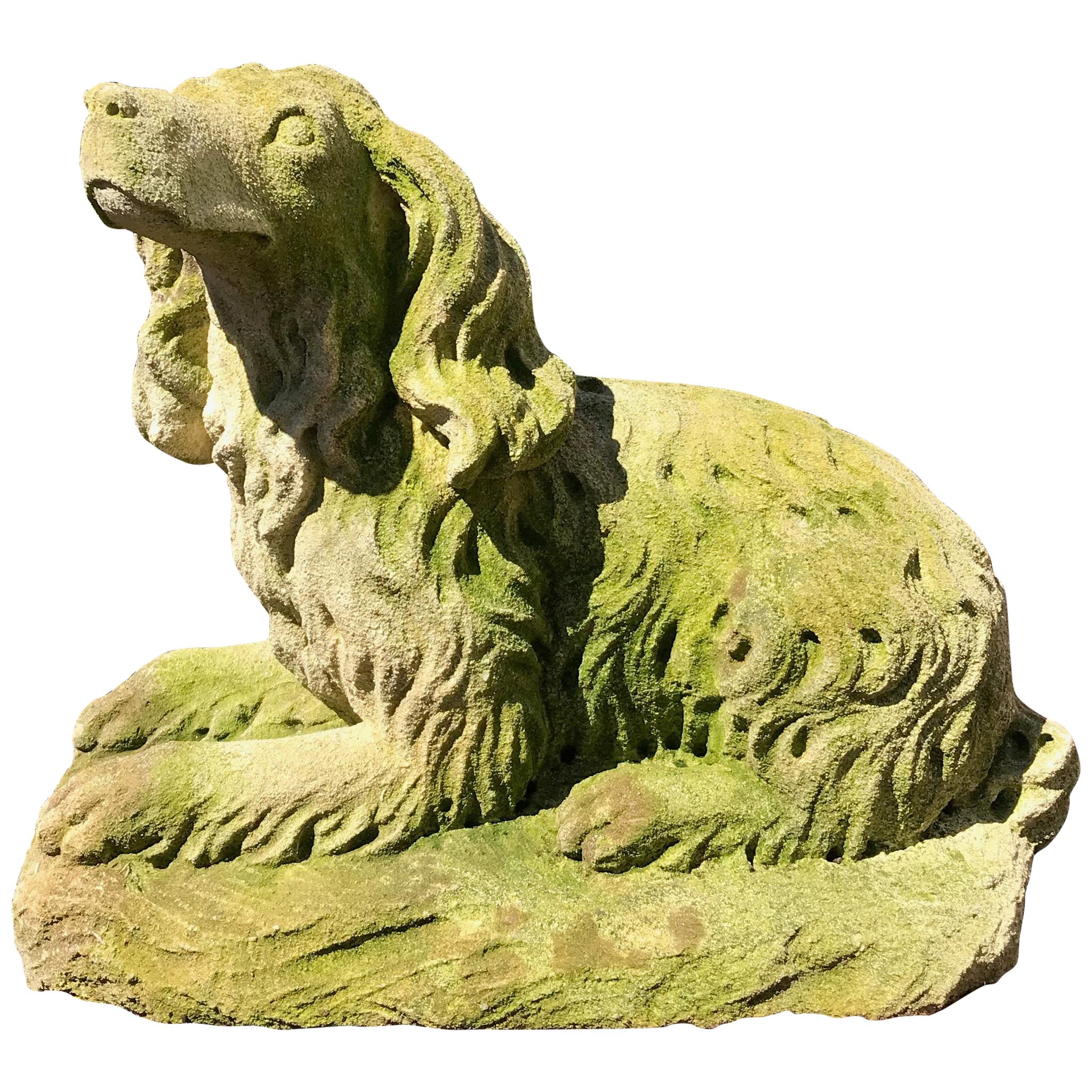 French Carved Limestone Curly-Coated Spaniel Dog Statue