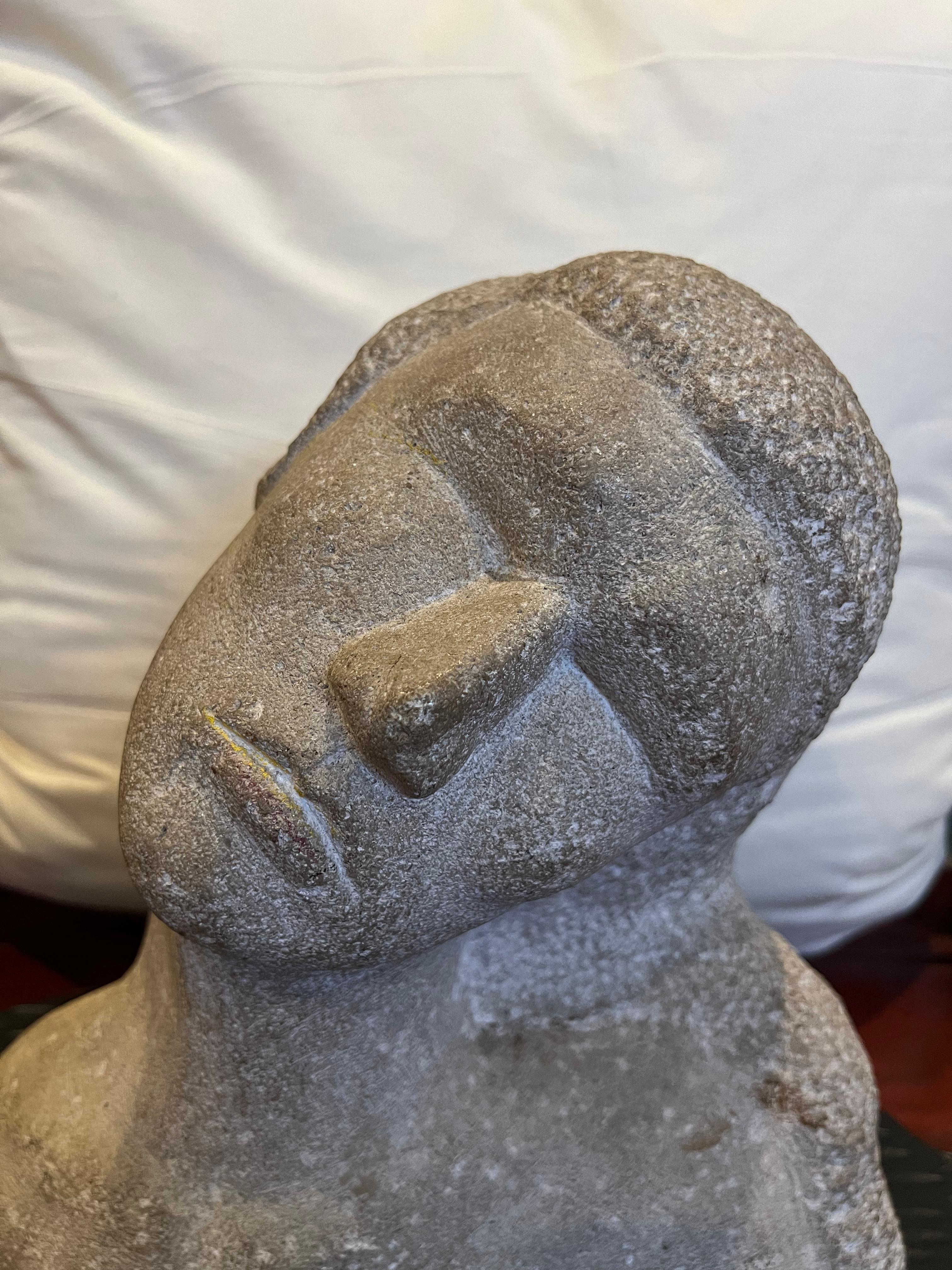 French 1940's carved limestone head of a woman sculpture. Unattached to base.