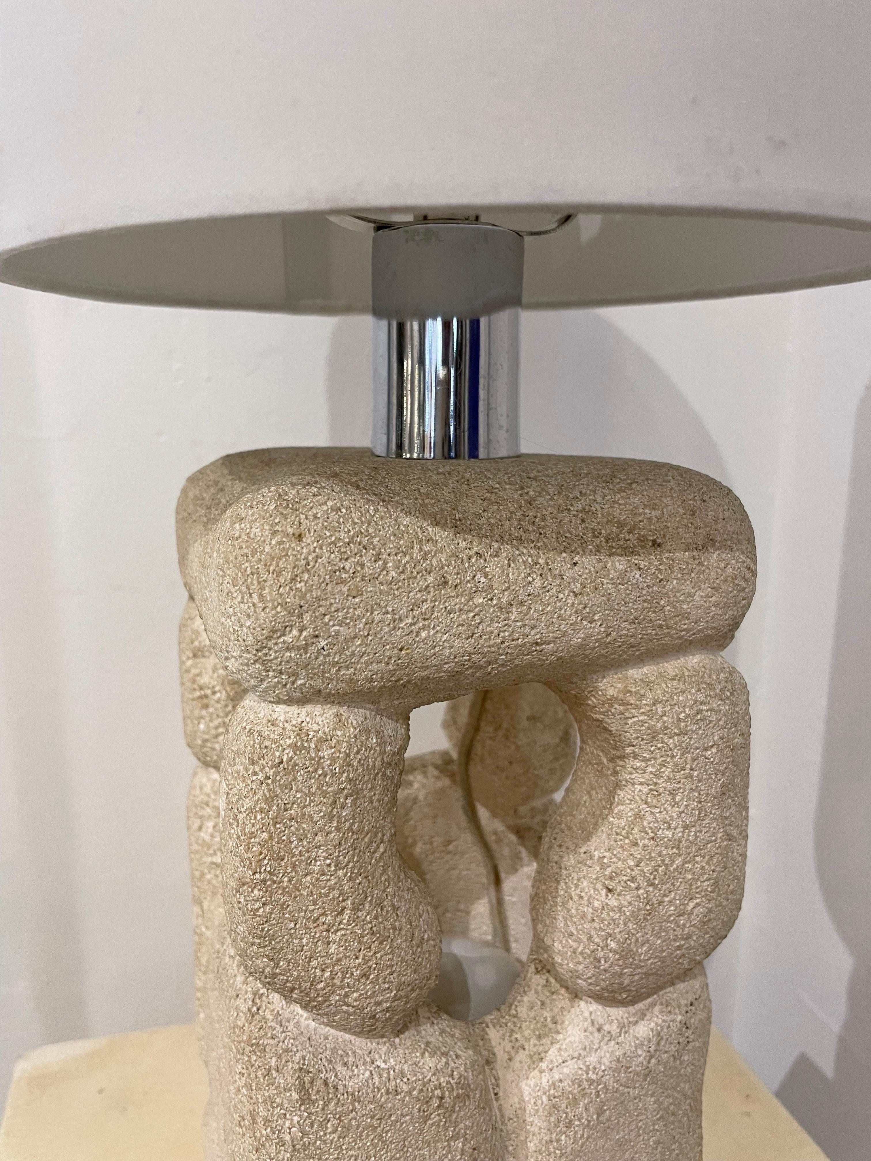 Mid-Century Modern French Carved Limestone Table Lamp by Atelier A