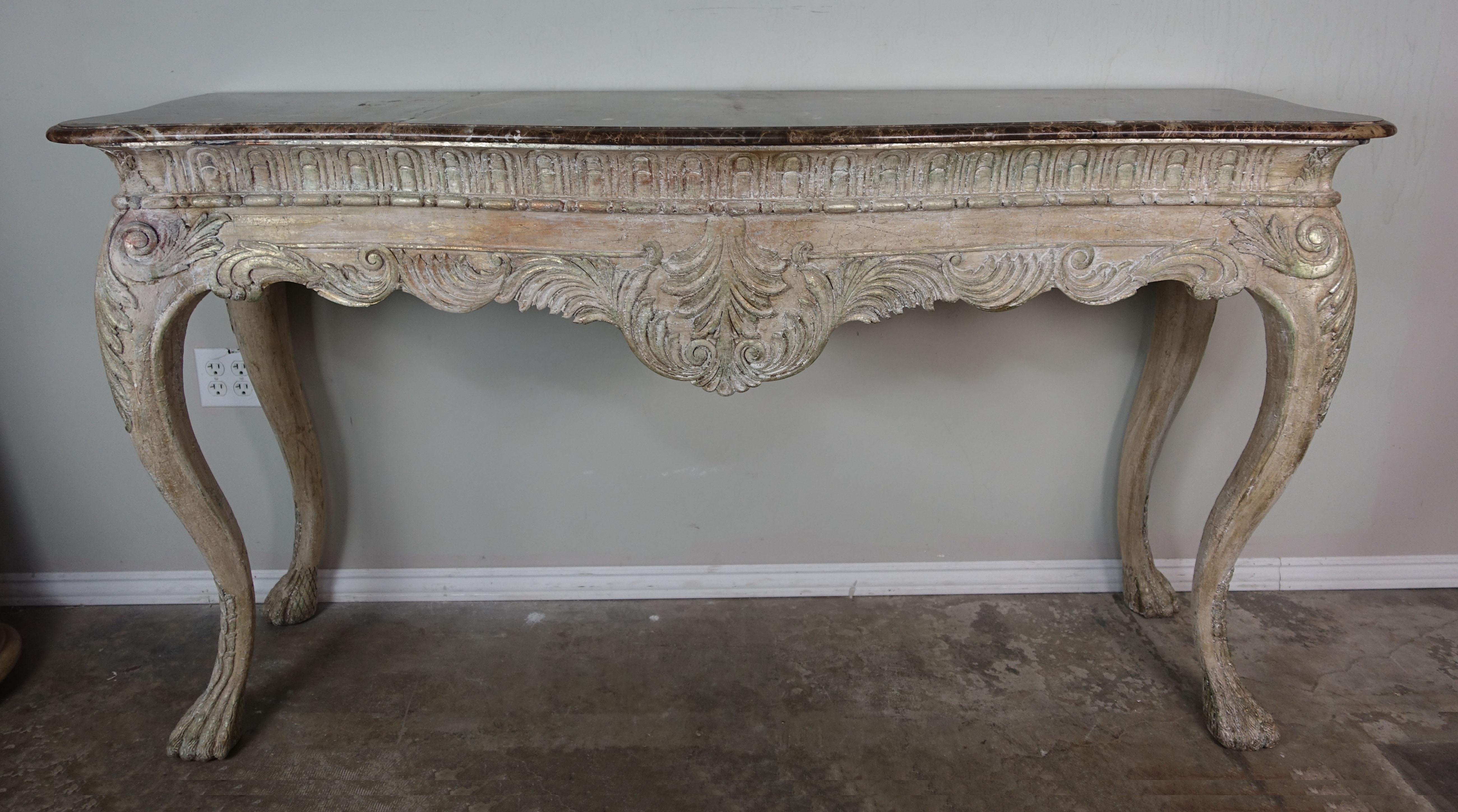 Painted French Carved Louis XV Style Console with Marble Top, circa 1900
