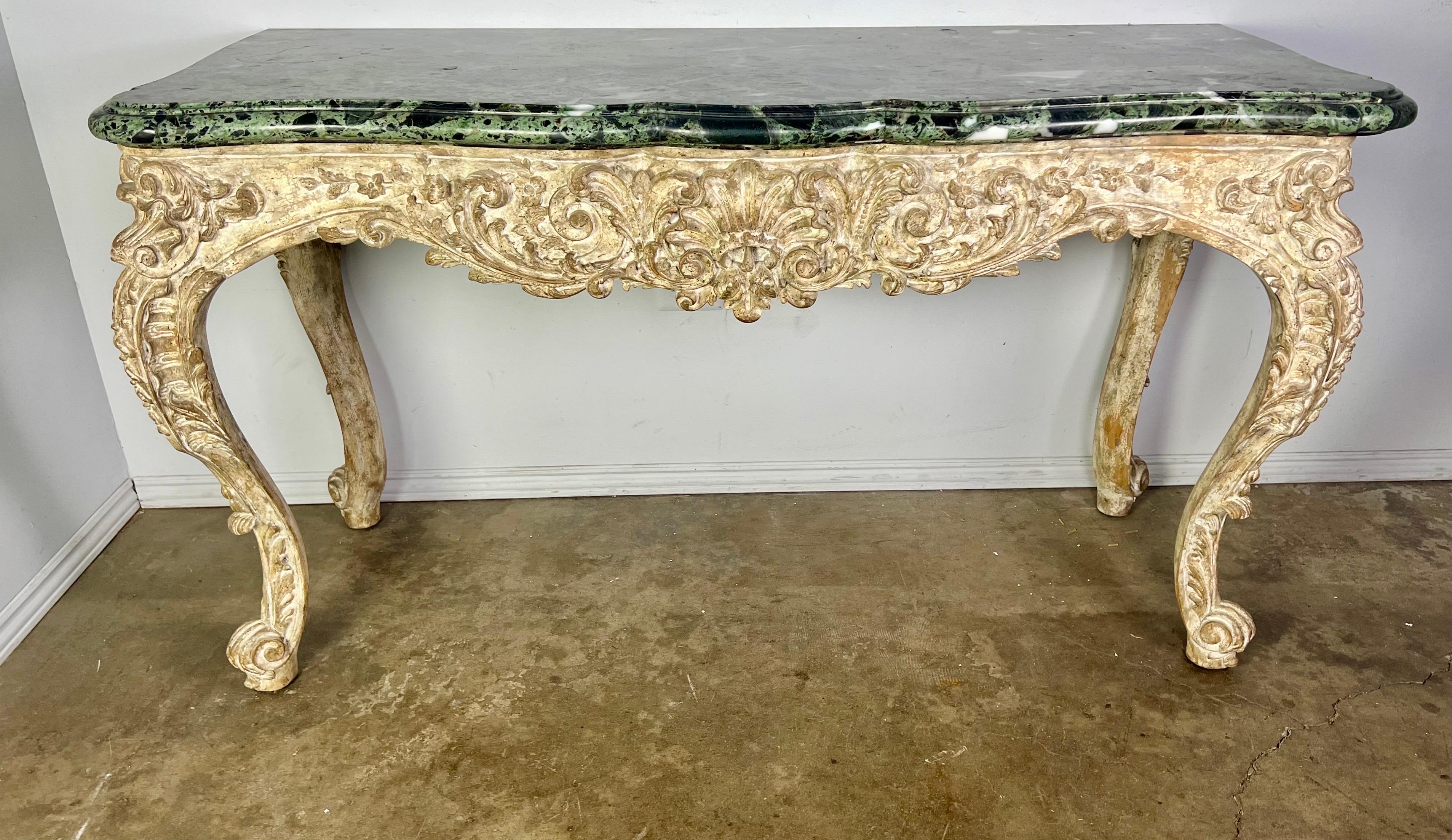 Wood French Carved Louis XV Style Console with Marble Top