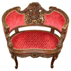 French Carved Mahogany Early 20th Century Red Fabric Boudoir Settee