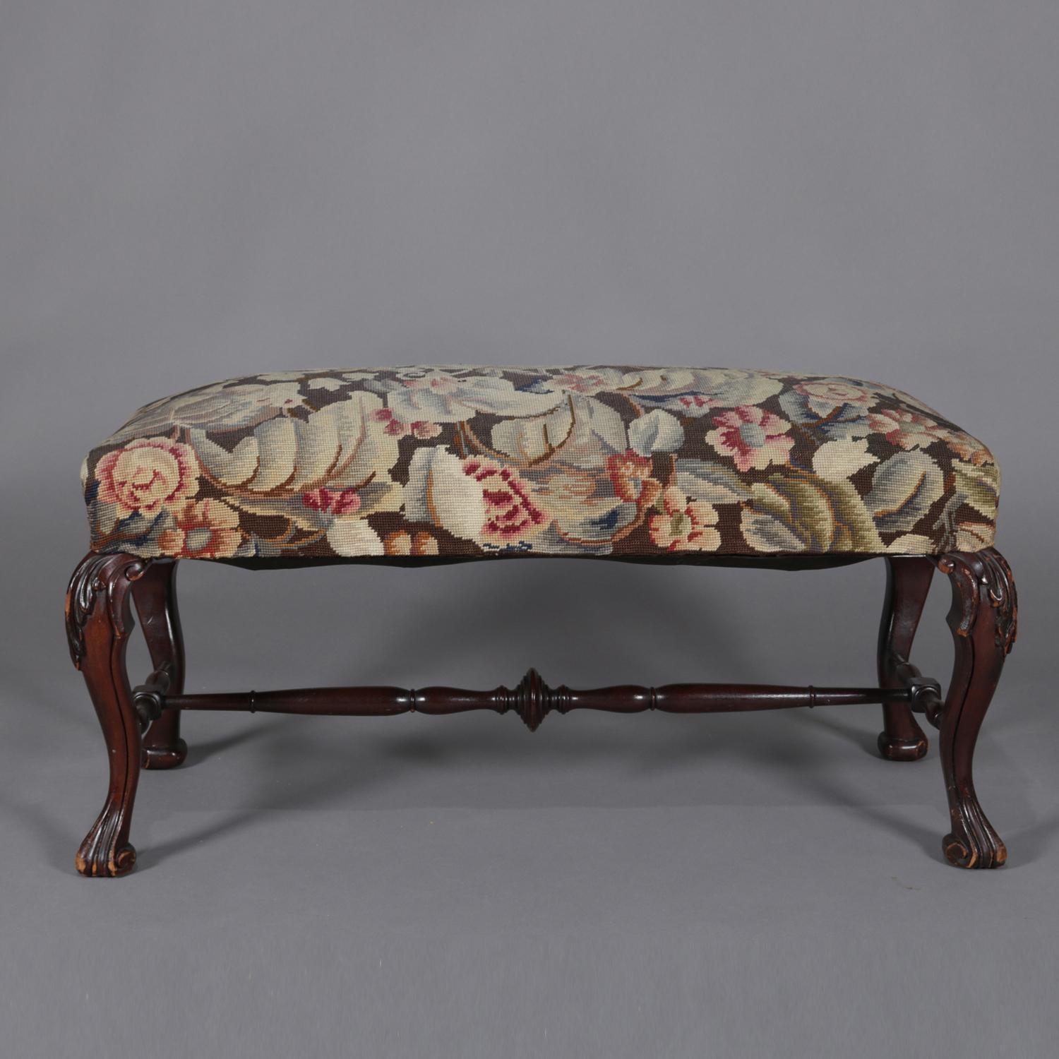 French Carved Mahogany & Foliate Tapestry Upholstered Bench, 19th Century In Good Condition In Big Flats, NY