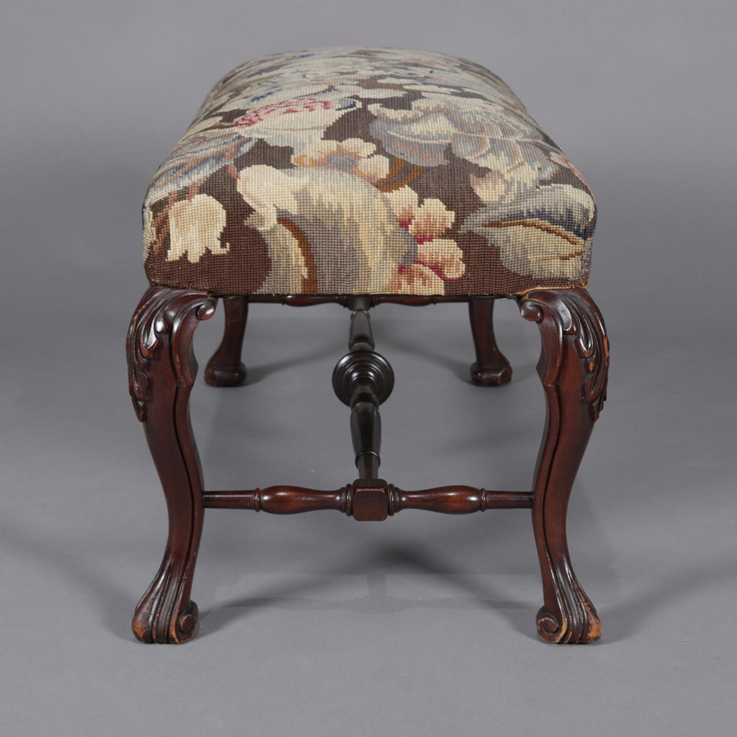French Carved Mahogany & Foliate Tapestry Upholstered Bench, 19th Century 1