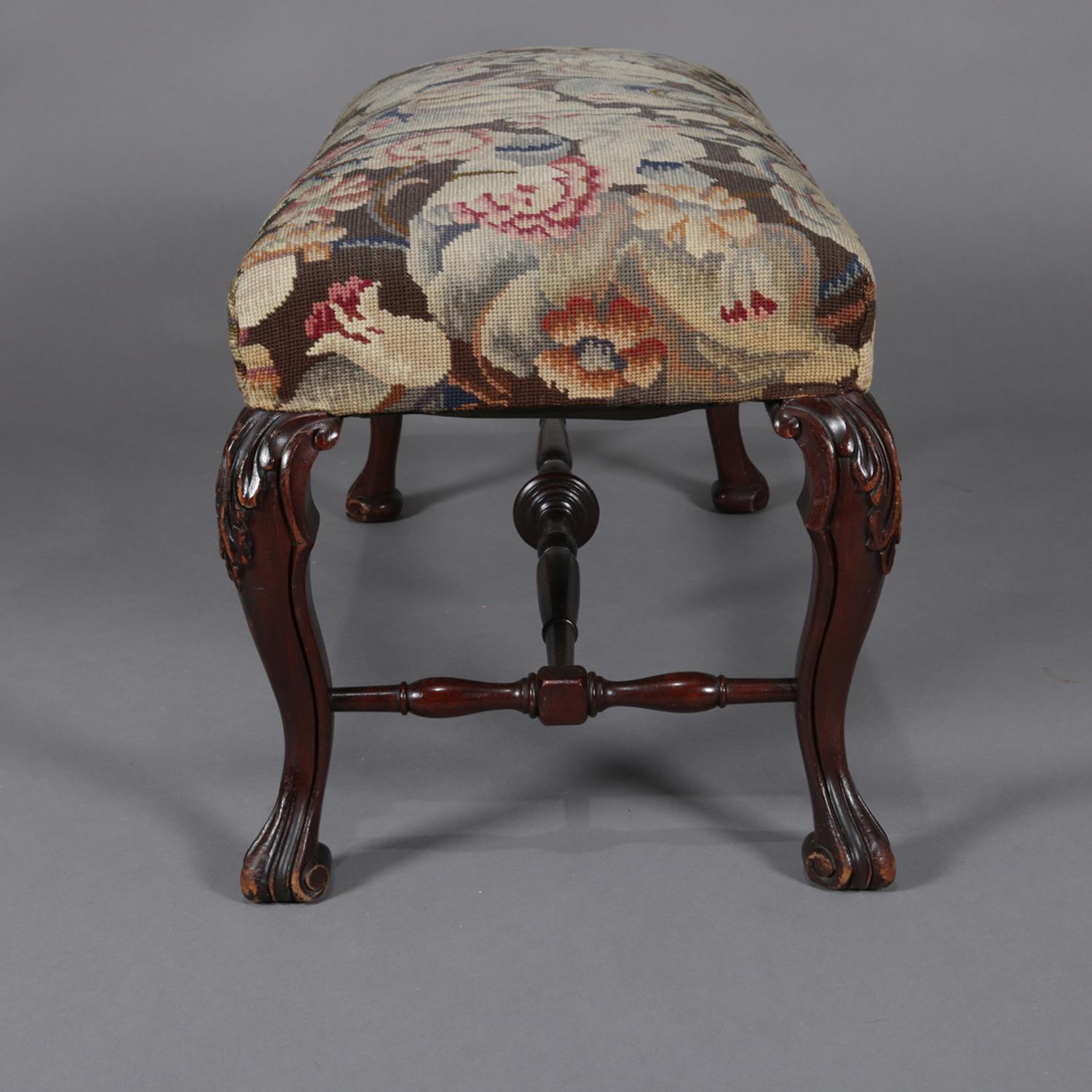 French Carved Mahogany & Foliate Tapestry Upholstered Bench, 19th Century 2