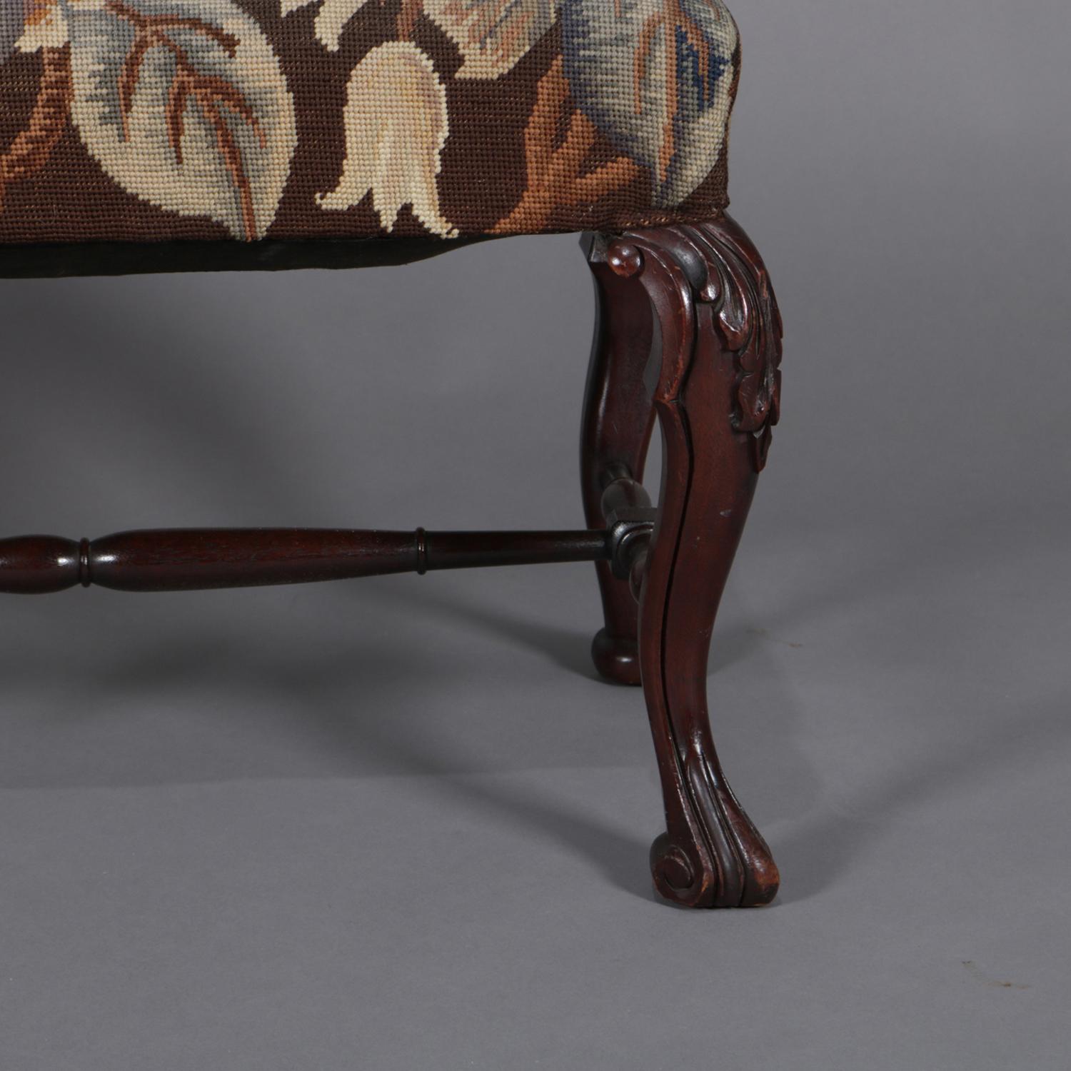 French Carved Mahogany & Foliate Tapestry Upholstered Bench, 19th Century 4