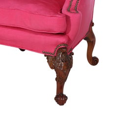 French Carved Mahogany Upholstered Wingback Chair, Fuscia/Raspberry Pink c1900