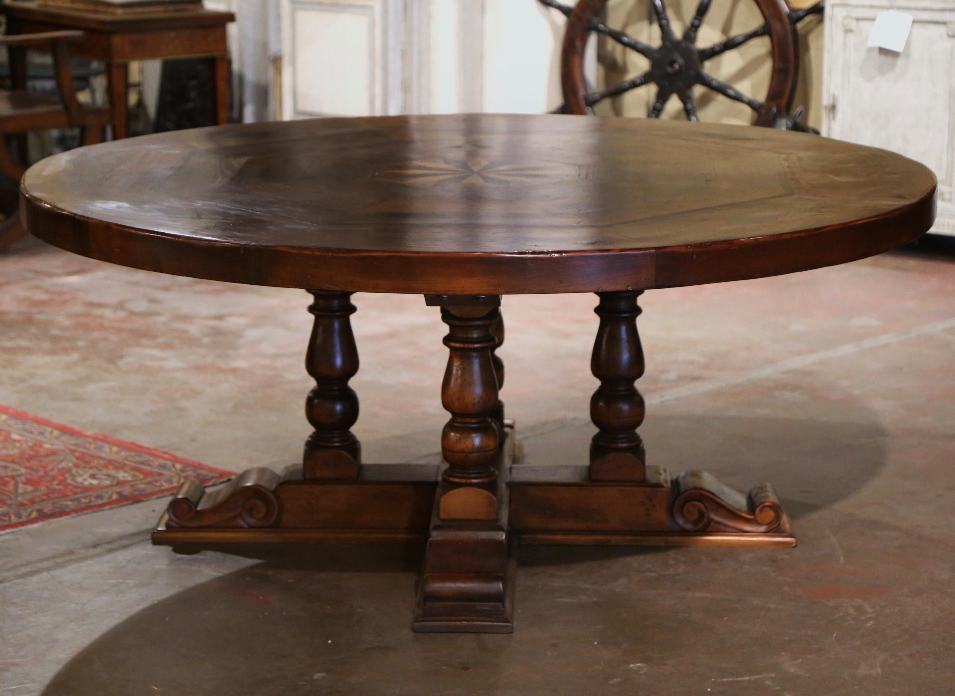 French Carved Marquetry Decor Walnut and Pine Pedestal Round Dining Table For Sale 4