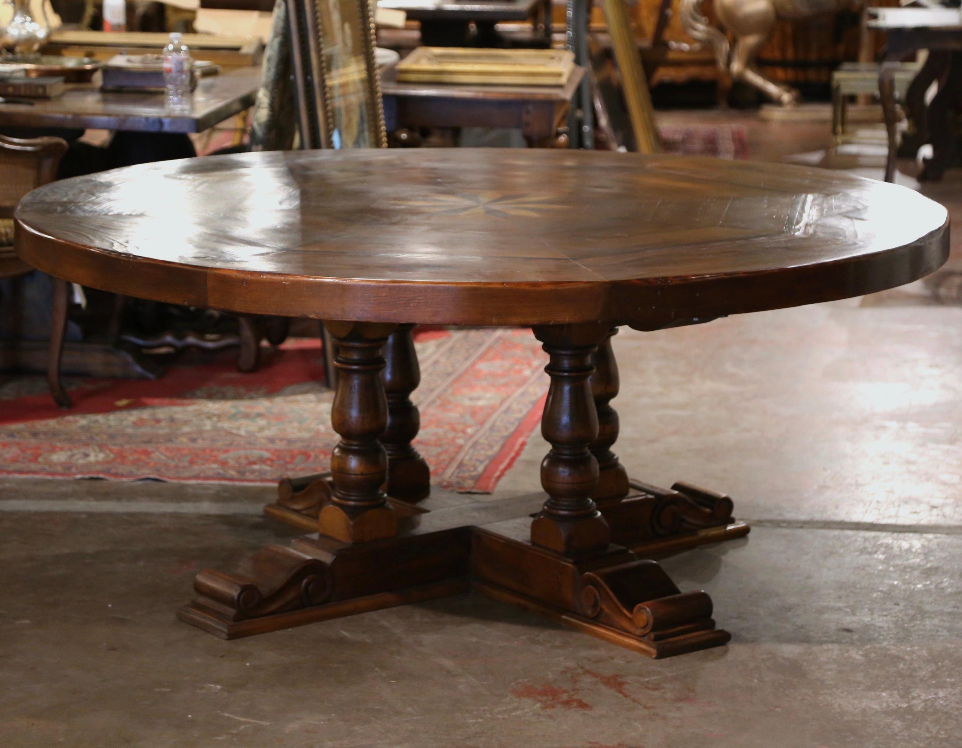 French Carved Marquetry Decor Walnut and Pine Pedestal Round Dining Table For Sale 6