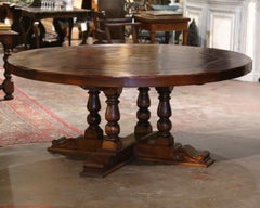 French Carved Marquetry Decor Walnut and Pine Pedestal Round Dining Table