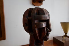 Mid-Century Modern Wooden Bookend, Cubist Head Sculpture, 1950