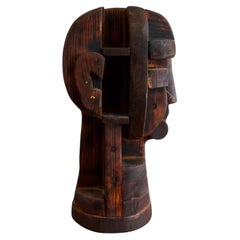 Mid-Century Modern Wooden Bookend, Cubist Head Sculpture, 1950