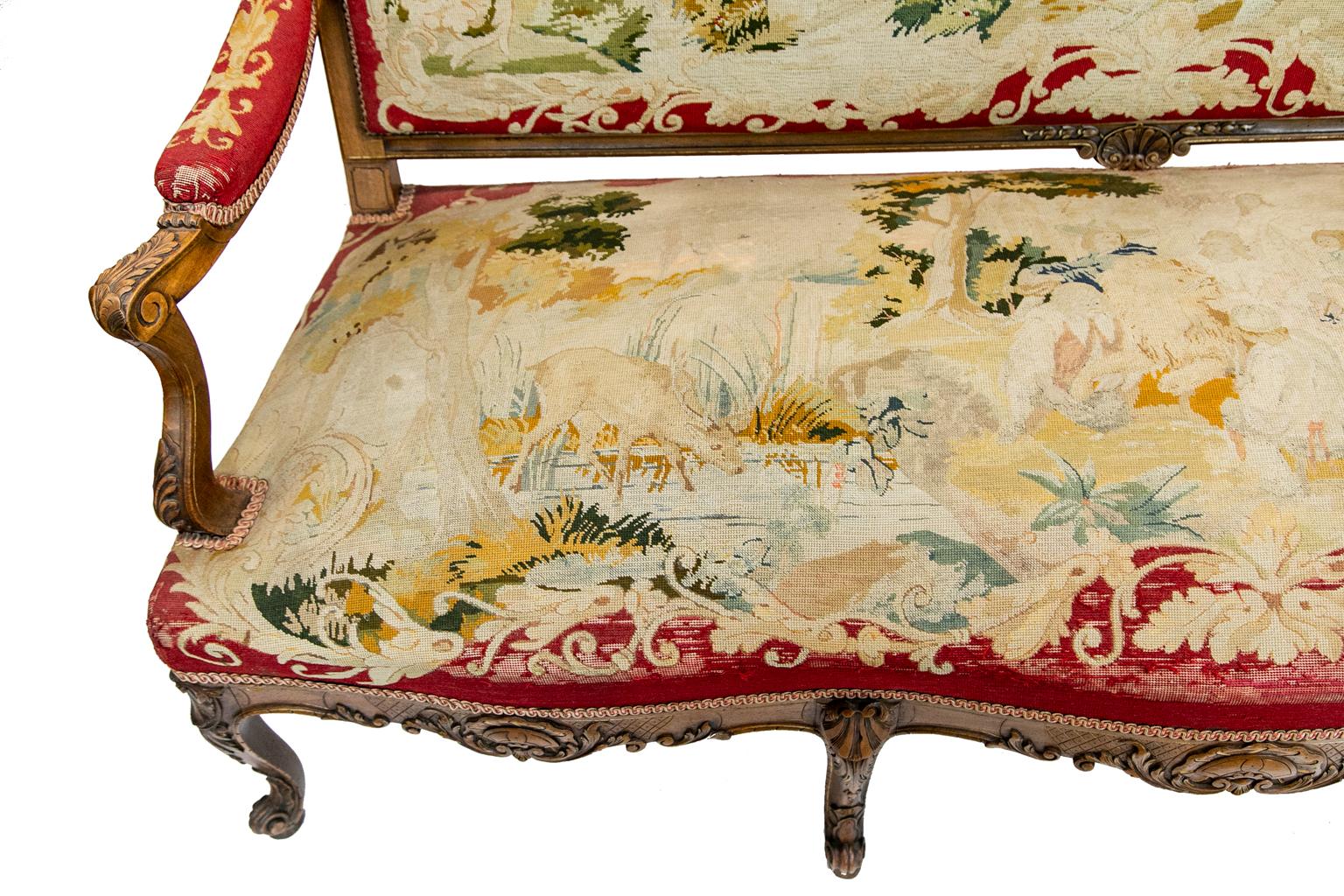 19th Century French Carved Needlework Settee For Sale