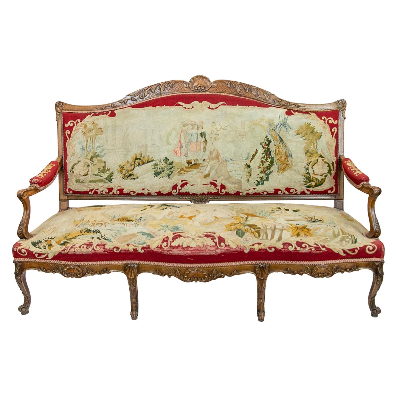 French Carved Needlework Settee For Sale