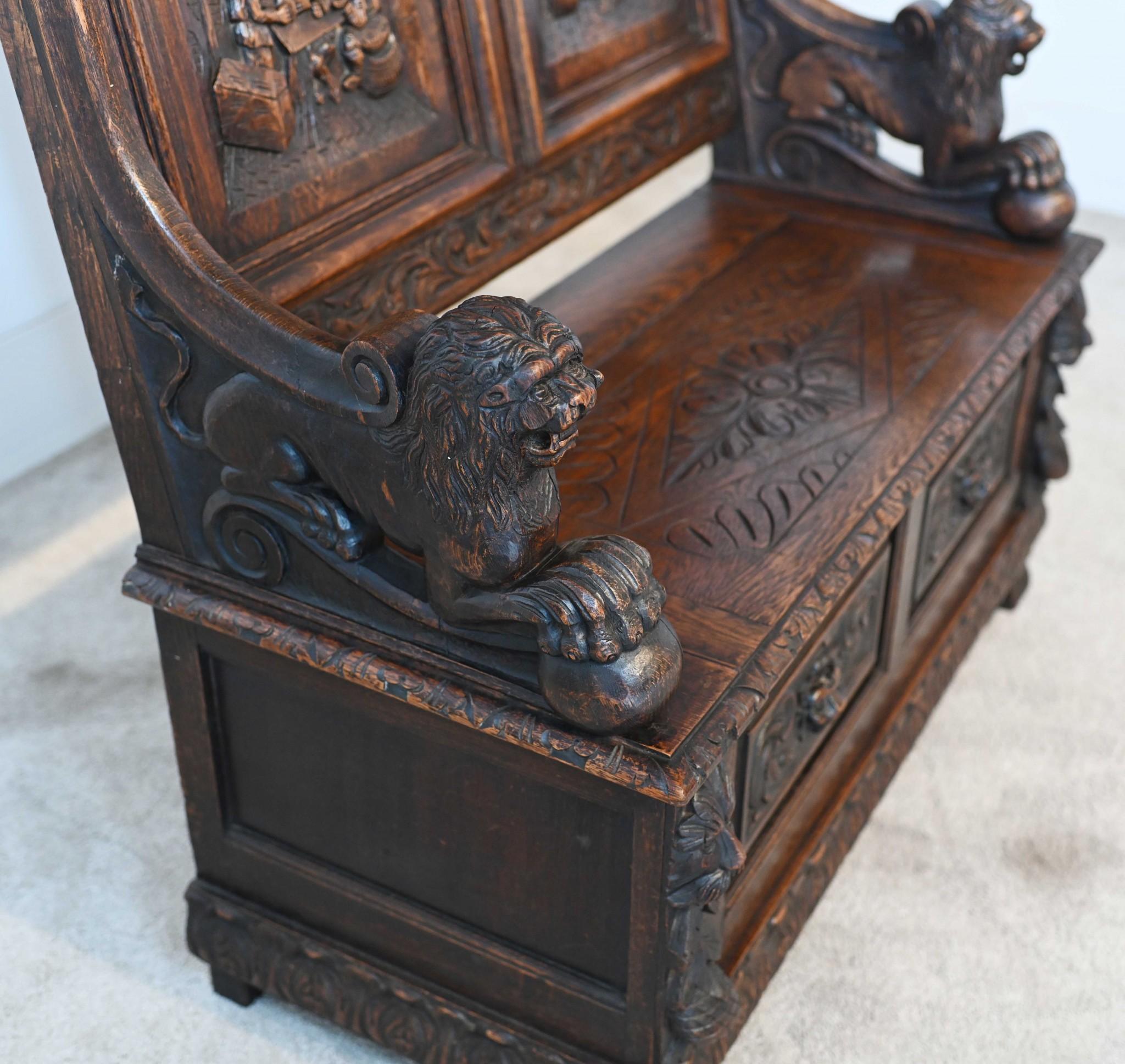 French Carved Oak Bench Settle Renaissance Farmhouse 1880 In Good Condition For Sale In Potters Bar, GB