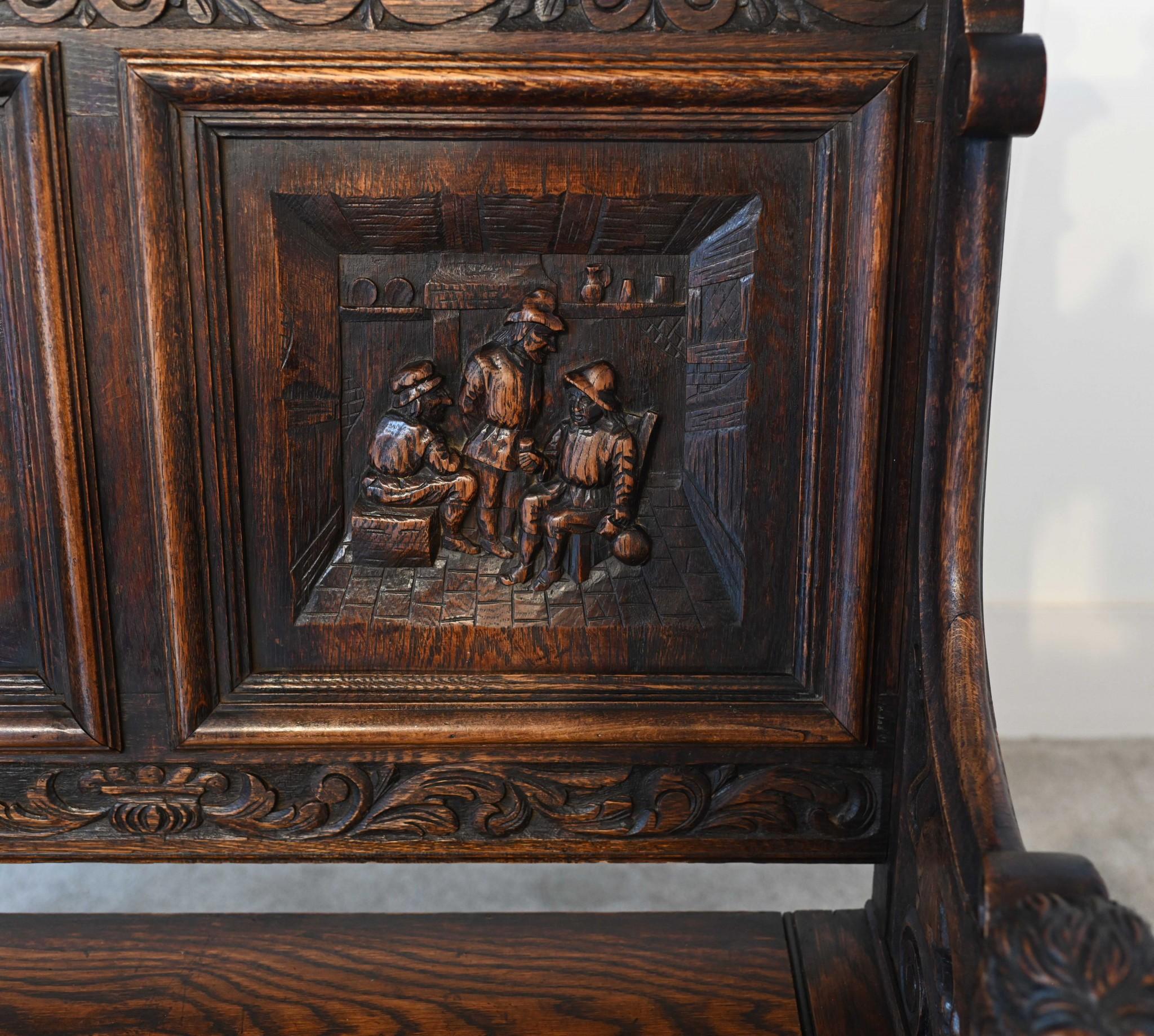 Late 19th Century French Carved Oak Bench Settle Renaissance Farmhouse 1880 For Sale