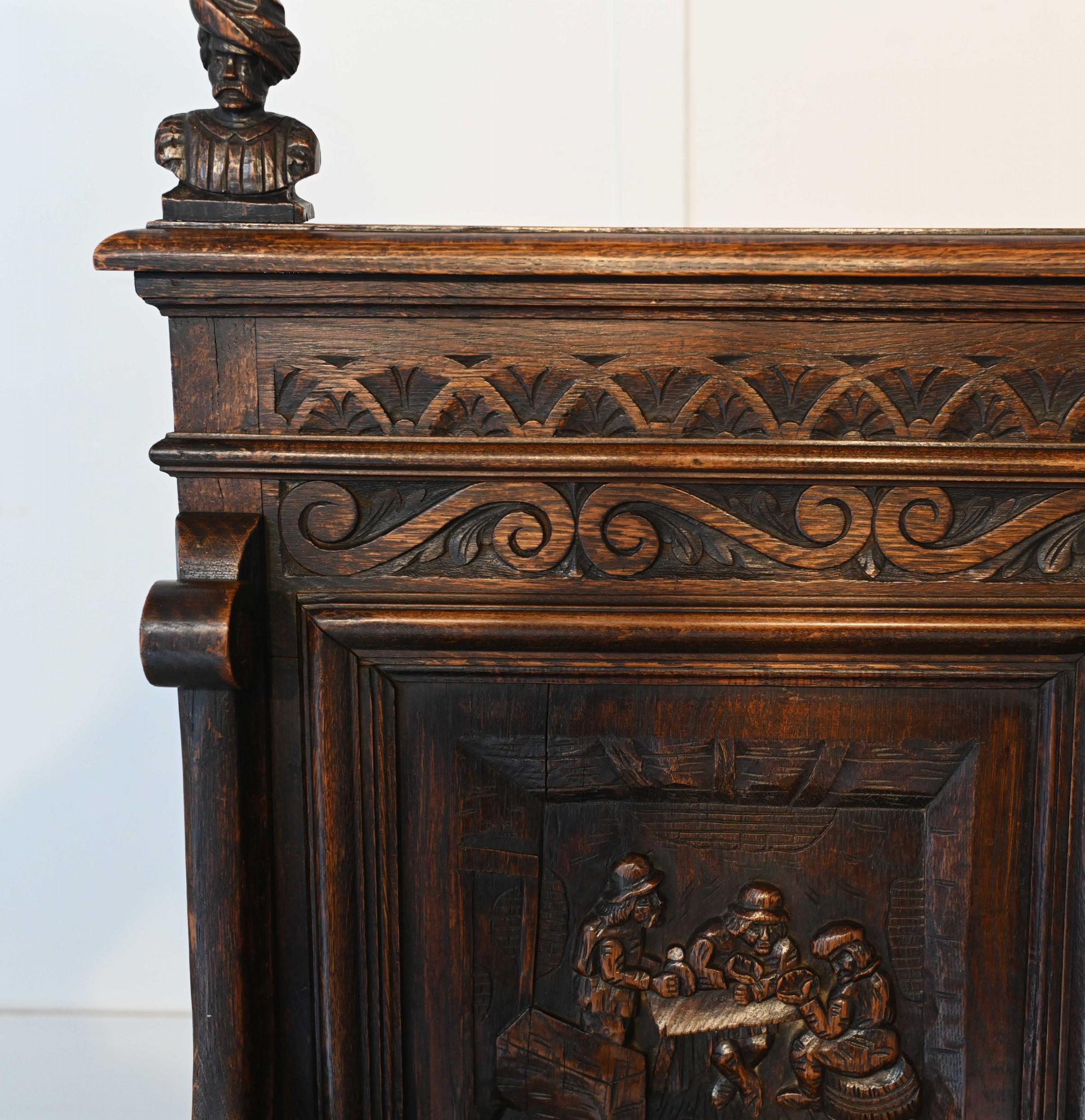 French Carved Oak Bench Settle Renaissance Farmhouse 1880 For Sale 1