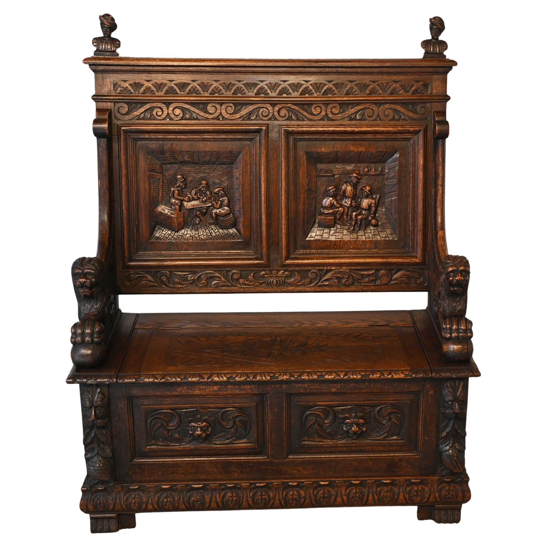 French Carved Oak Bench Settle Renaissance Farmhouse 1880
