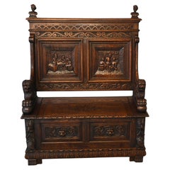 French Carved Oak Bench Settle Renaissance Farmhouse 1880