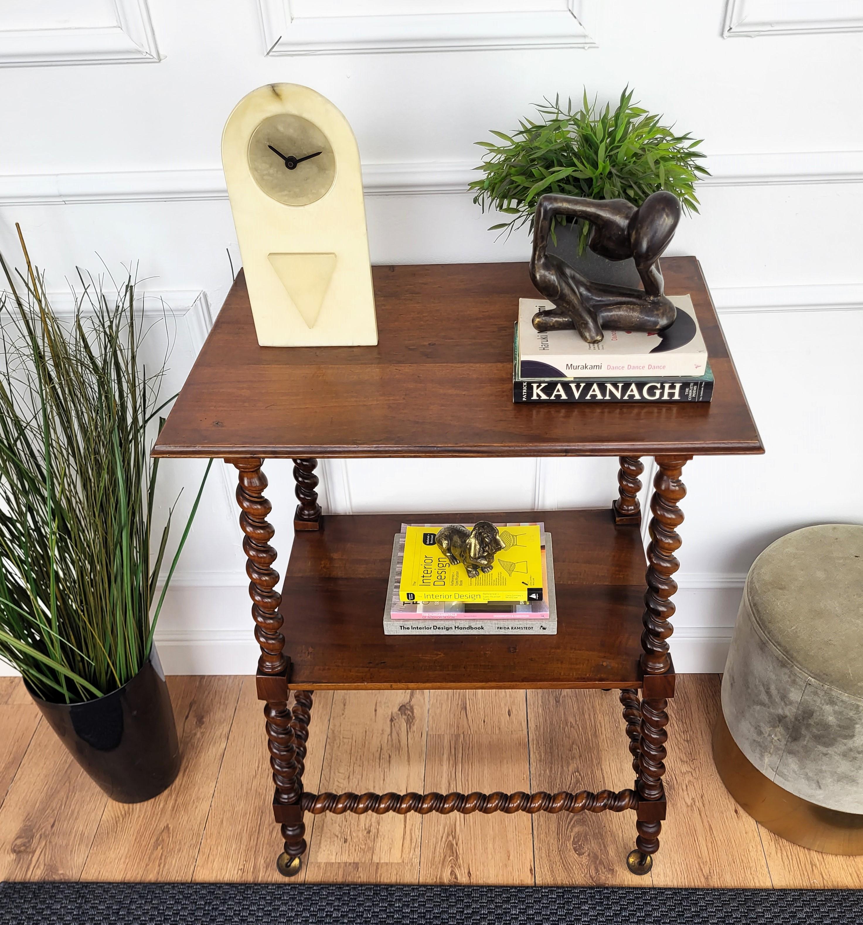 Louis XIII French Carved Oak Beveled Top Bobbin Barley Twist Legs Etagere Side Table Cart For Sale
