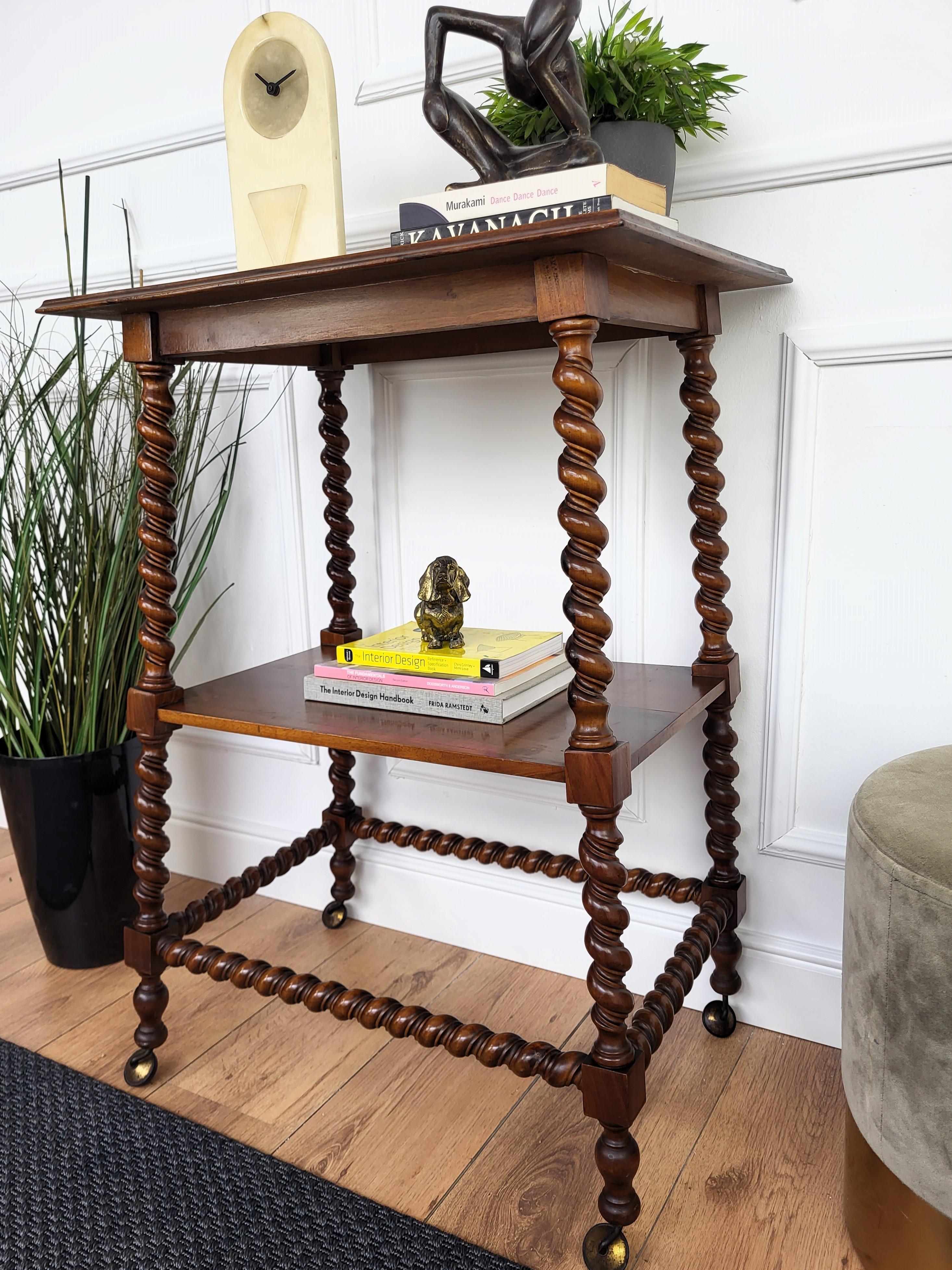 Turned French Carved Oak Beveled Top Bobbin Barley Twist Legs Etagere Side Table Cart For Sale