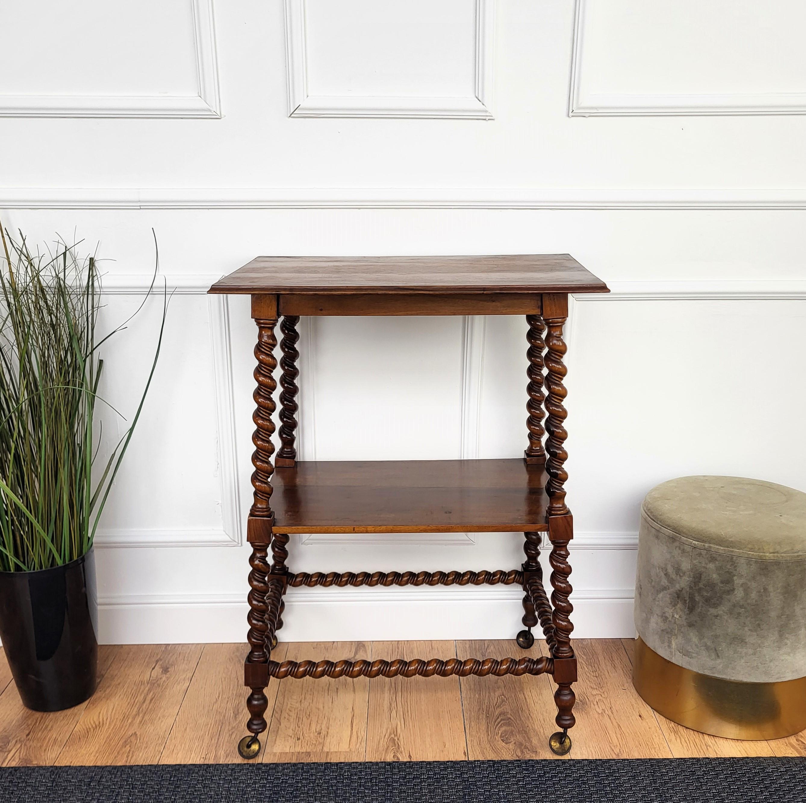 20th Century French Carved Oak Beveled Top Bobbin Barley Twist Legs Etagere Side Table Cart For Sale