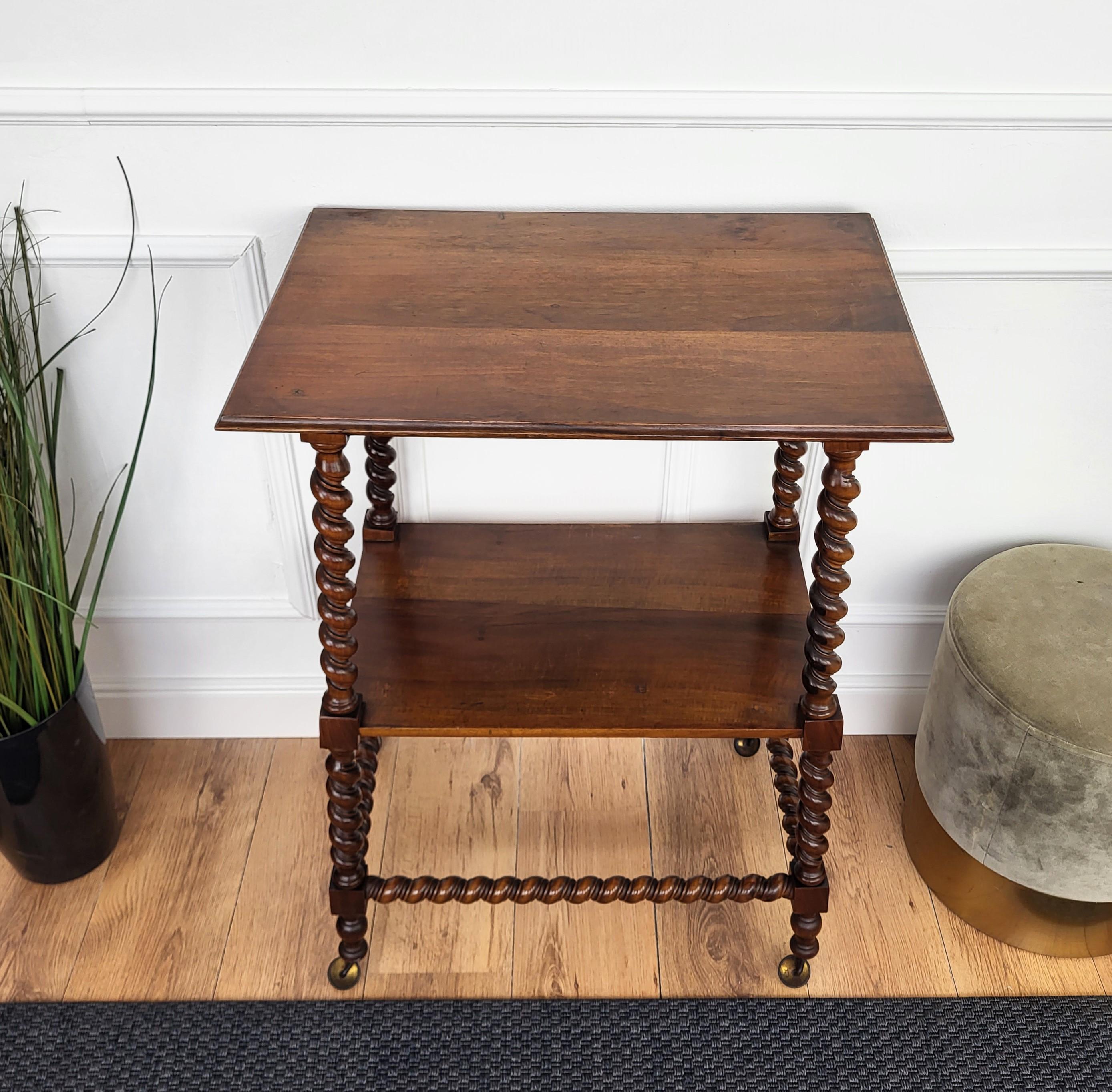 Wood French Carved Oak Beveled Top Bobbin Barley Twist Legs Etagere Side Table Cart For Sale