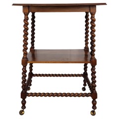 French Carved Oak Beveled Top Bobbin Barley Twist Legs Etagere Side Table Cart
