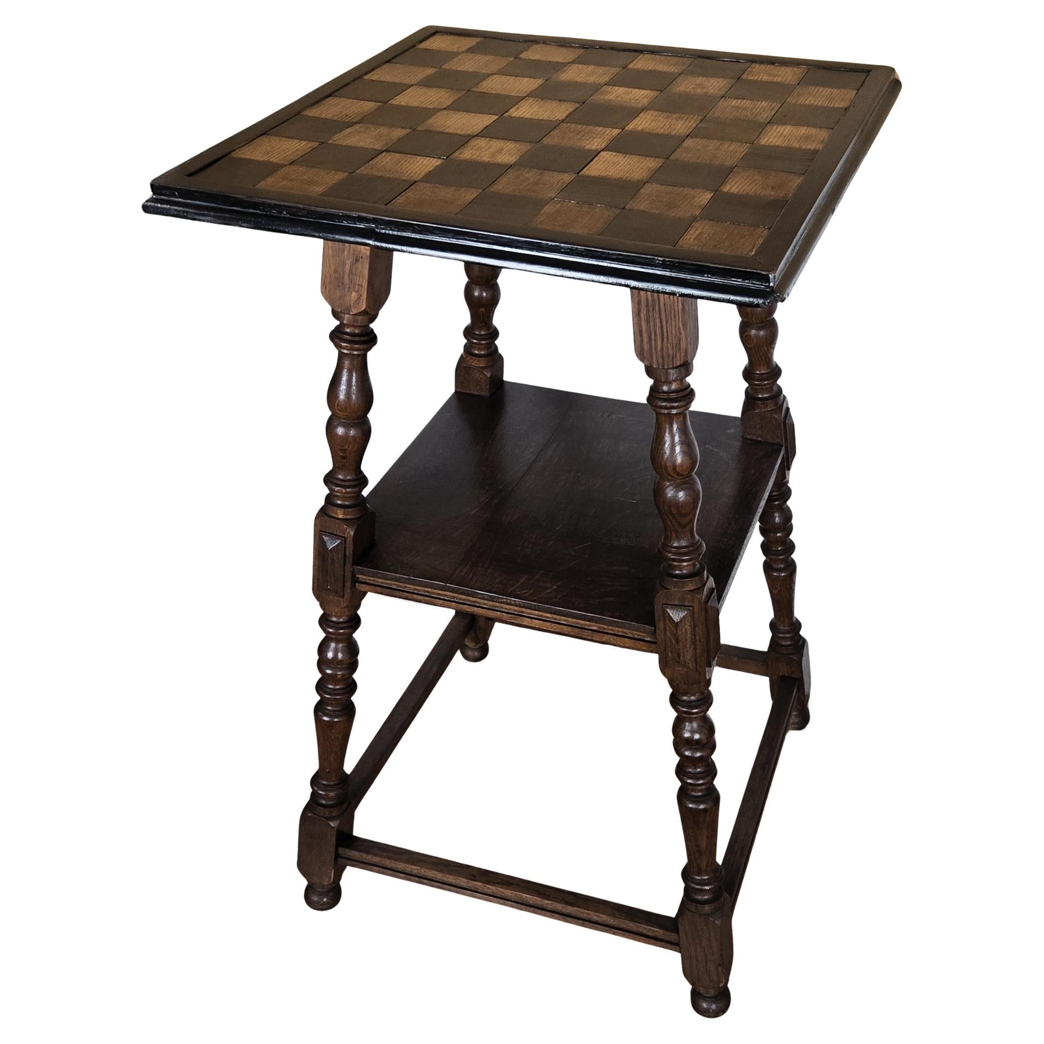French Carved Oak Chess Game Top Carved Legs Etagere Side Table For Sale