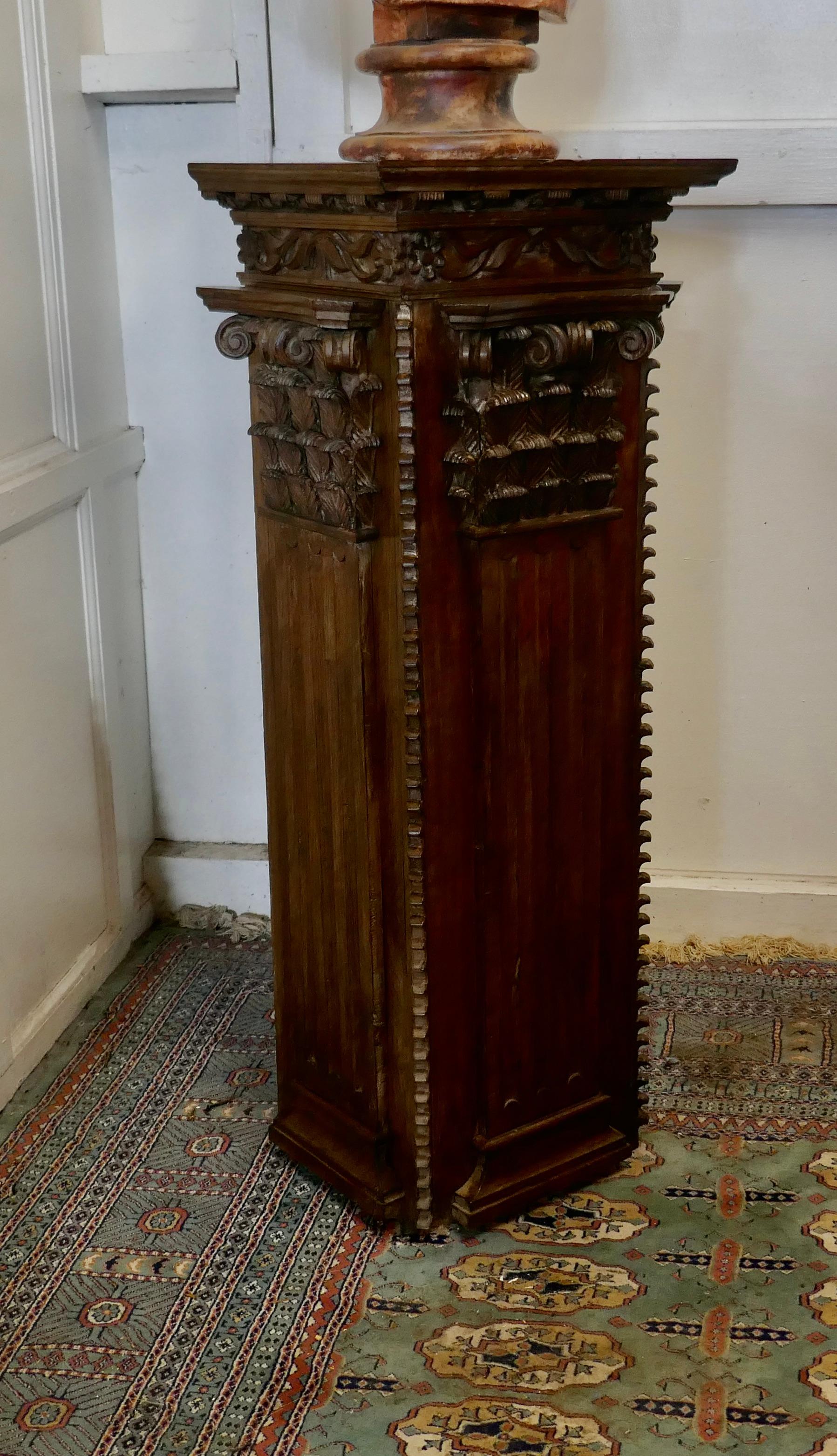 Gothic French Carved Oak Column Display Pedestal For Sale