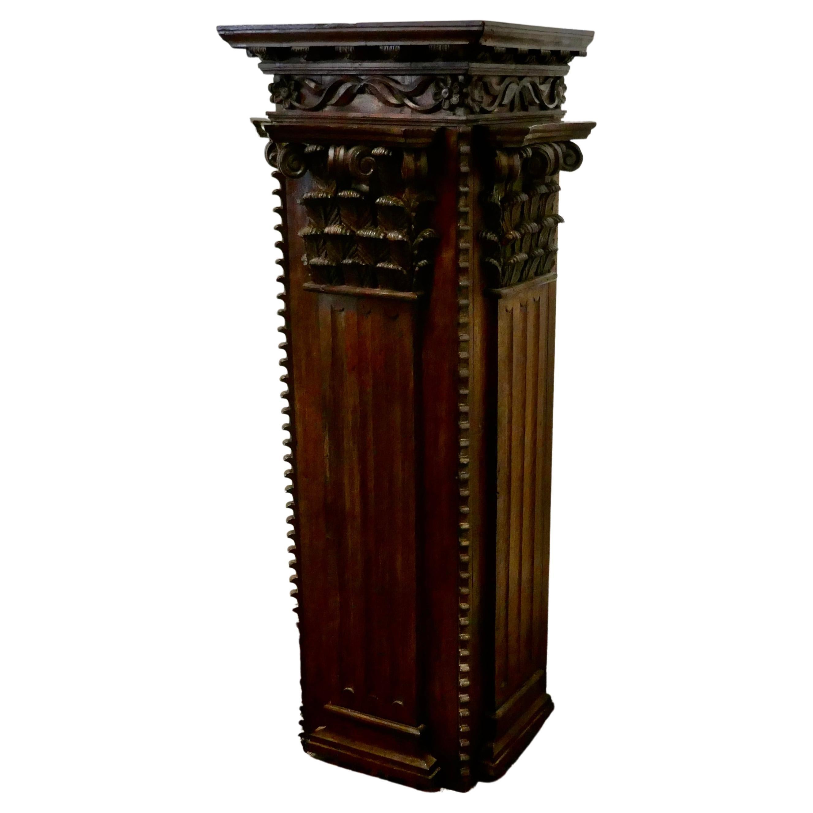 French Carved Oak Column Display Pedestal