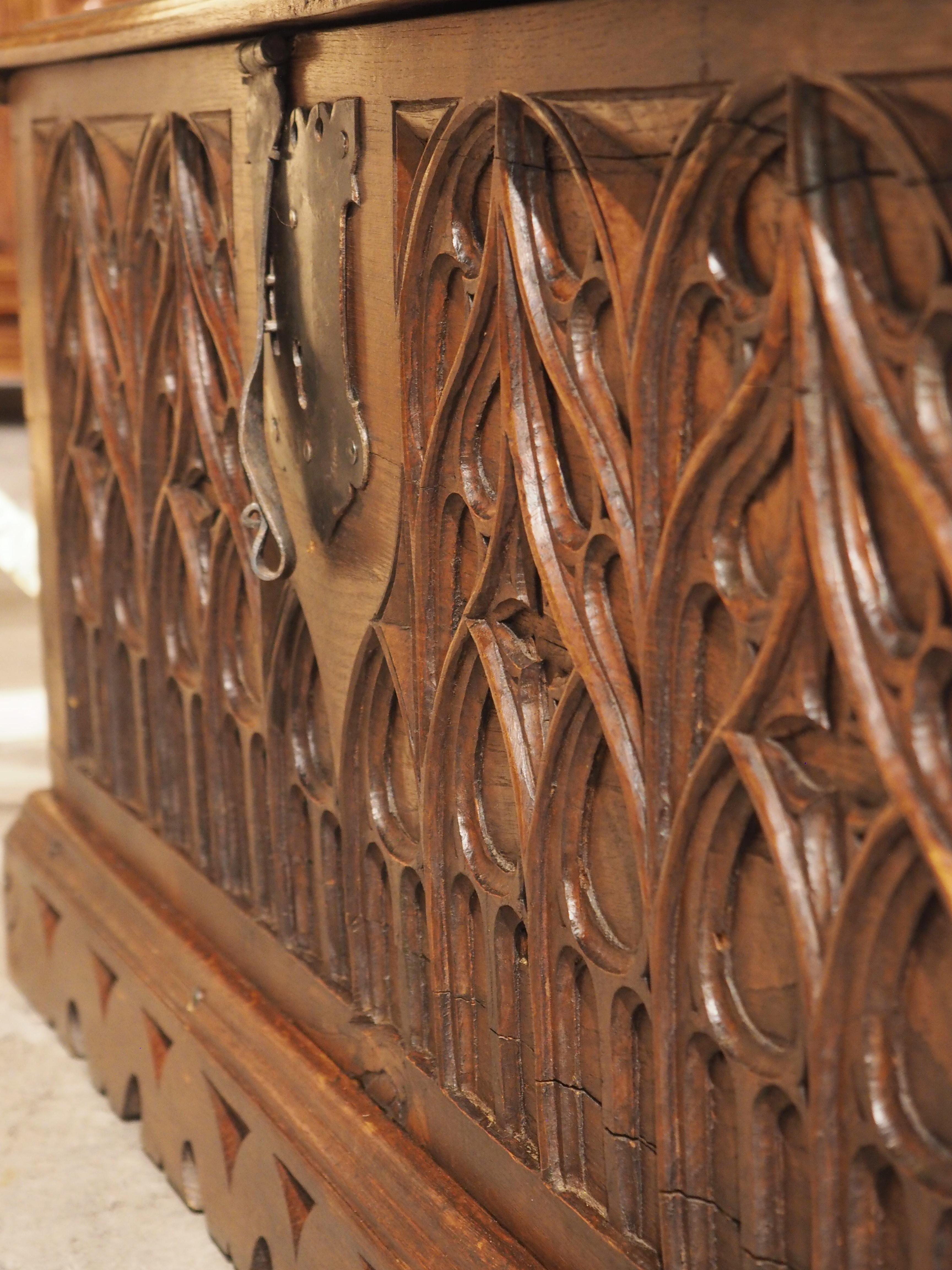 French Carved Oak Gothic Style Blanket Chest or Trunk, Early to Mid 1900s 11