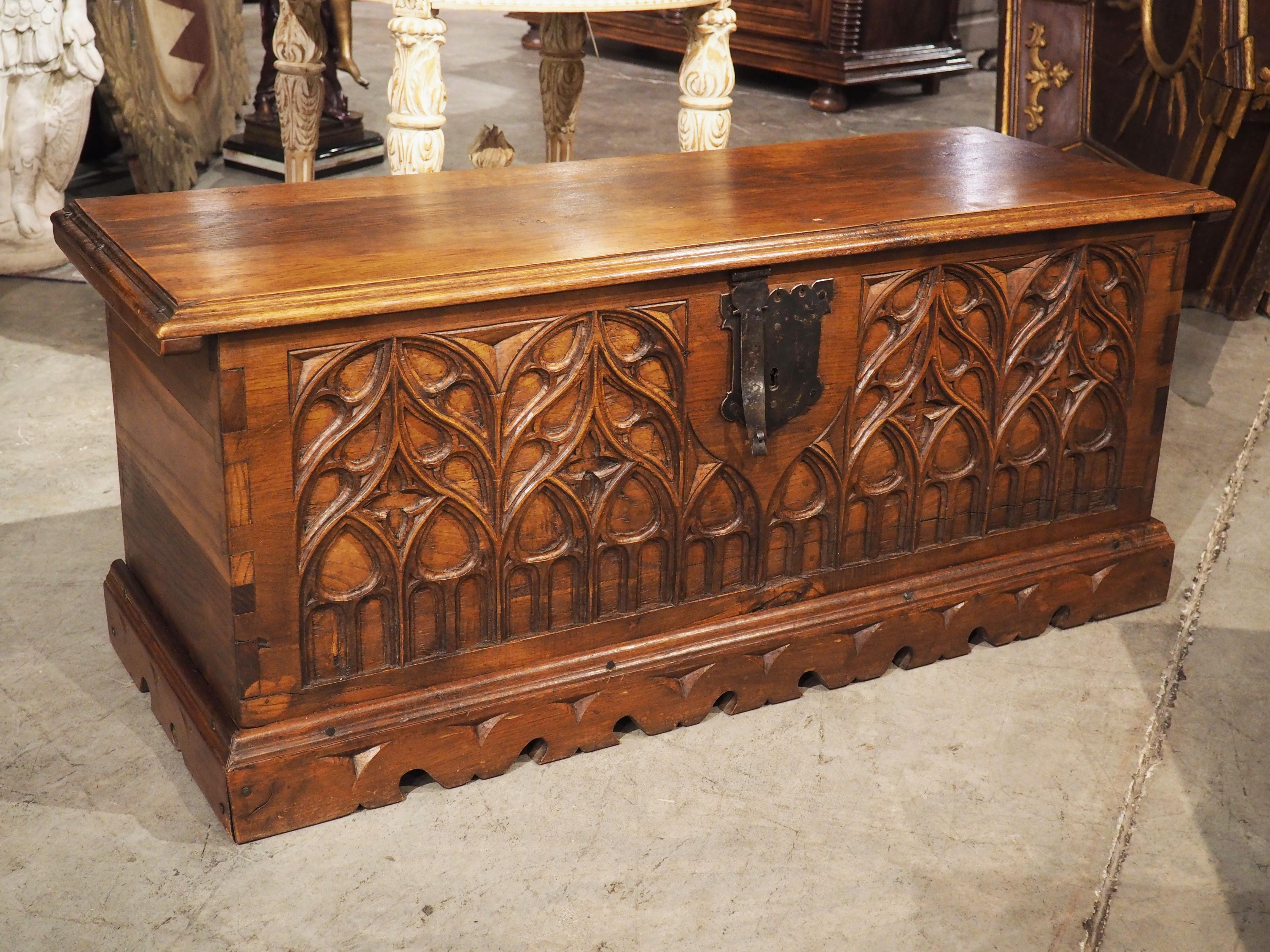 Hand-Carved French Carved Oak Gothic Style Blanket Chest or Trunk, Early to Mid 1900s