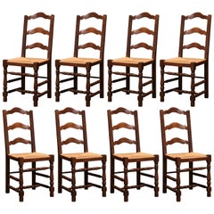 French Carved Oak Ladder Back Chairs with Rush Woven Seat, Set of Eight