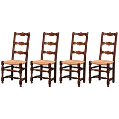 French Carved Oak Ladder Back Chairs with Rush Woven Seat - Set of Four