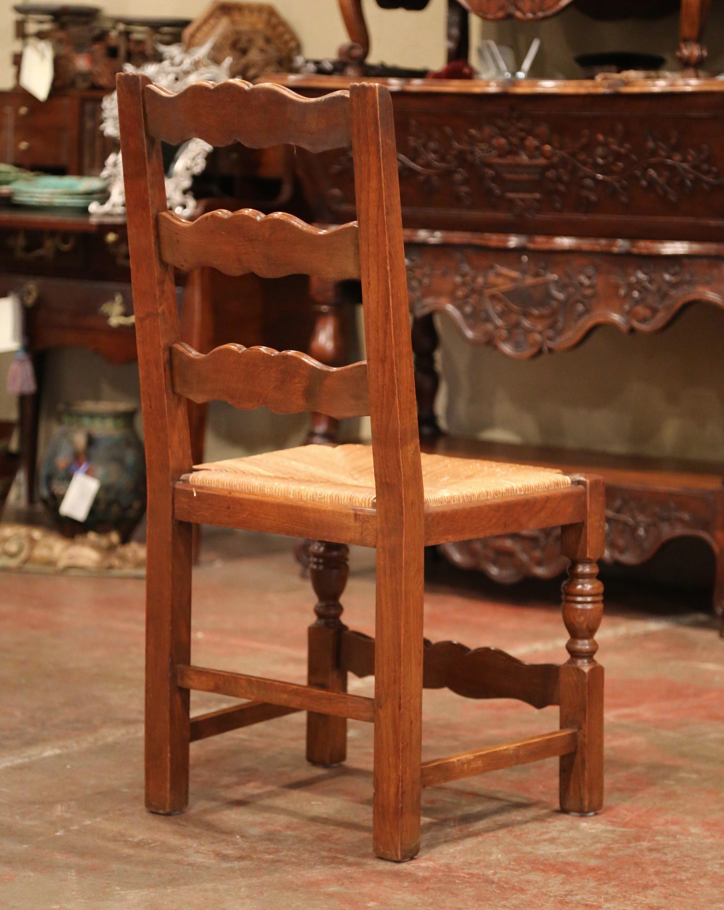 French Carved Oak Ladder Back Chairs with Rush Woven Seat, Set of Six 4