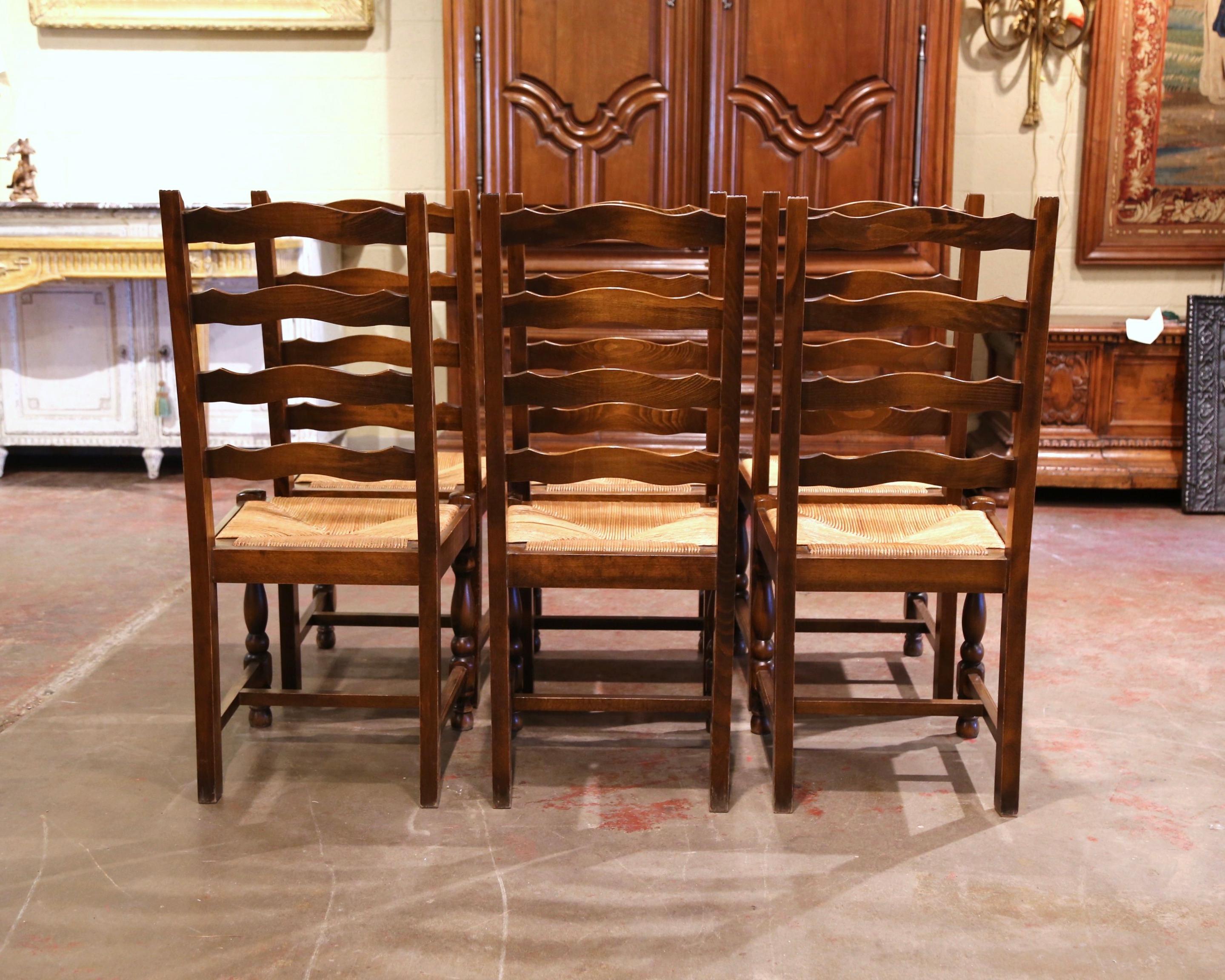 French Carved Oak Ladder Back Chairs with Rush Woven Seat, Set of Six 7