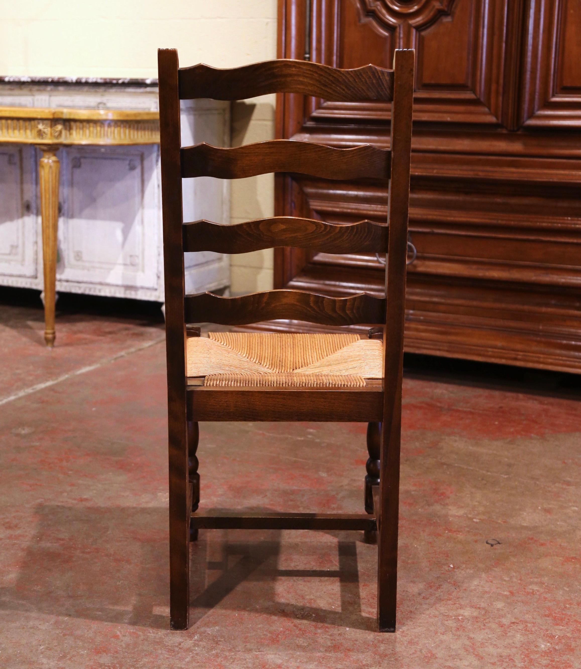 French Carved Oak Ladder Back Chairs with Rush Woven Seat, Set of Six 8
