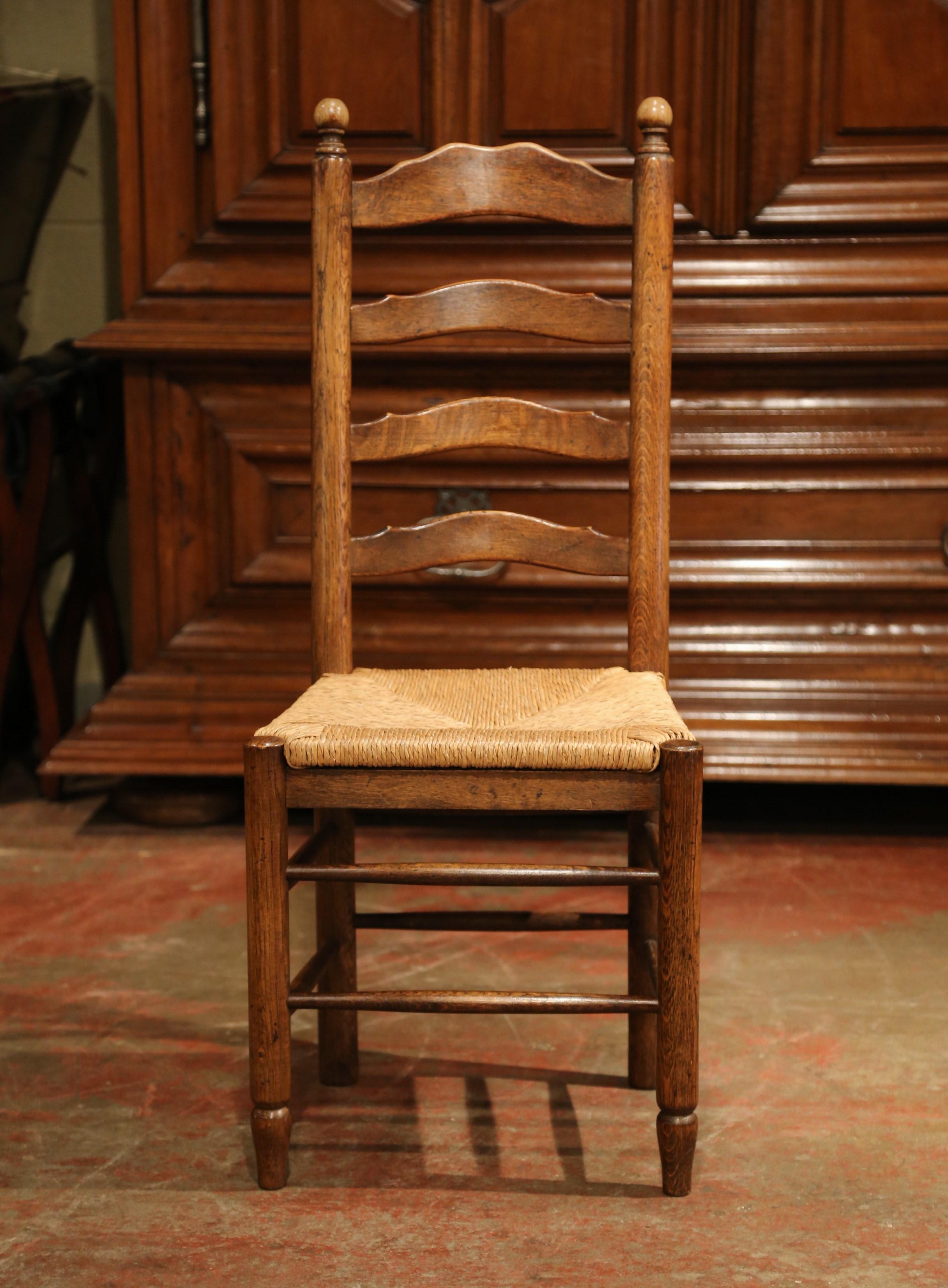 Country French Carved Oak Ladder Back Chairs with Rush Woven Seat, Set of Six