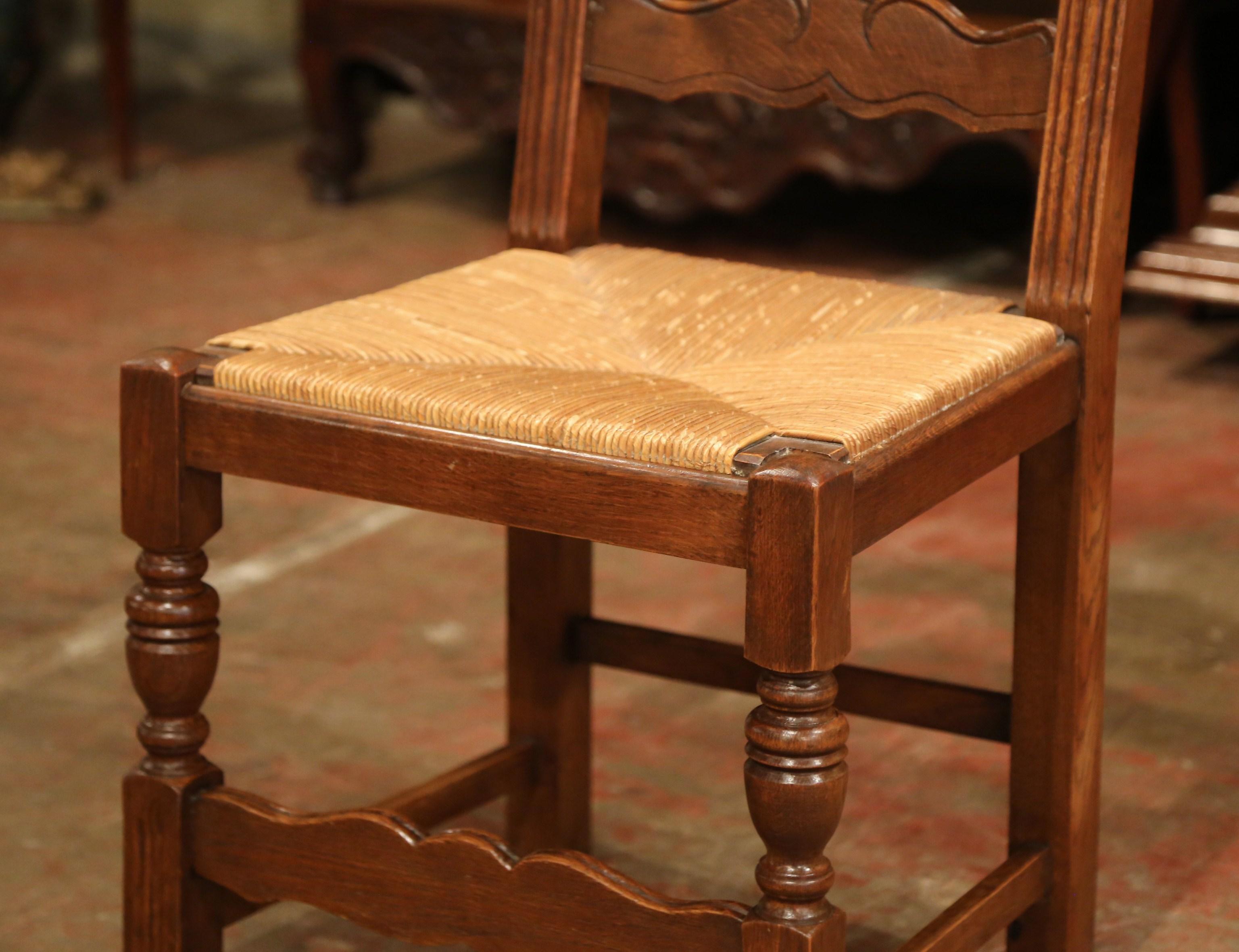 Country French Carved Oak Ladder Back Chairs with Rush Woven Seat, Set of Six