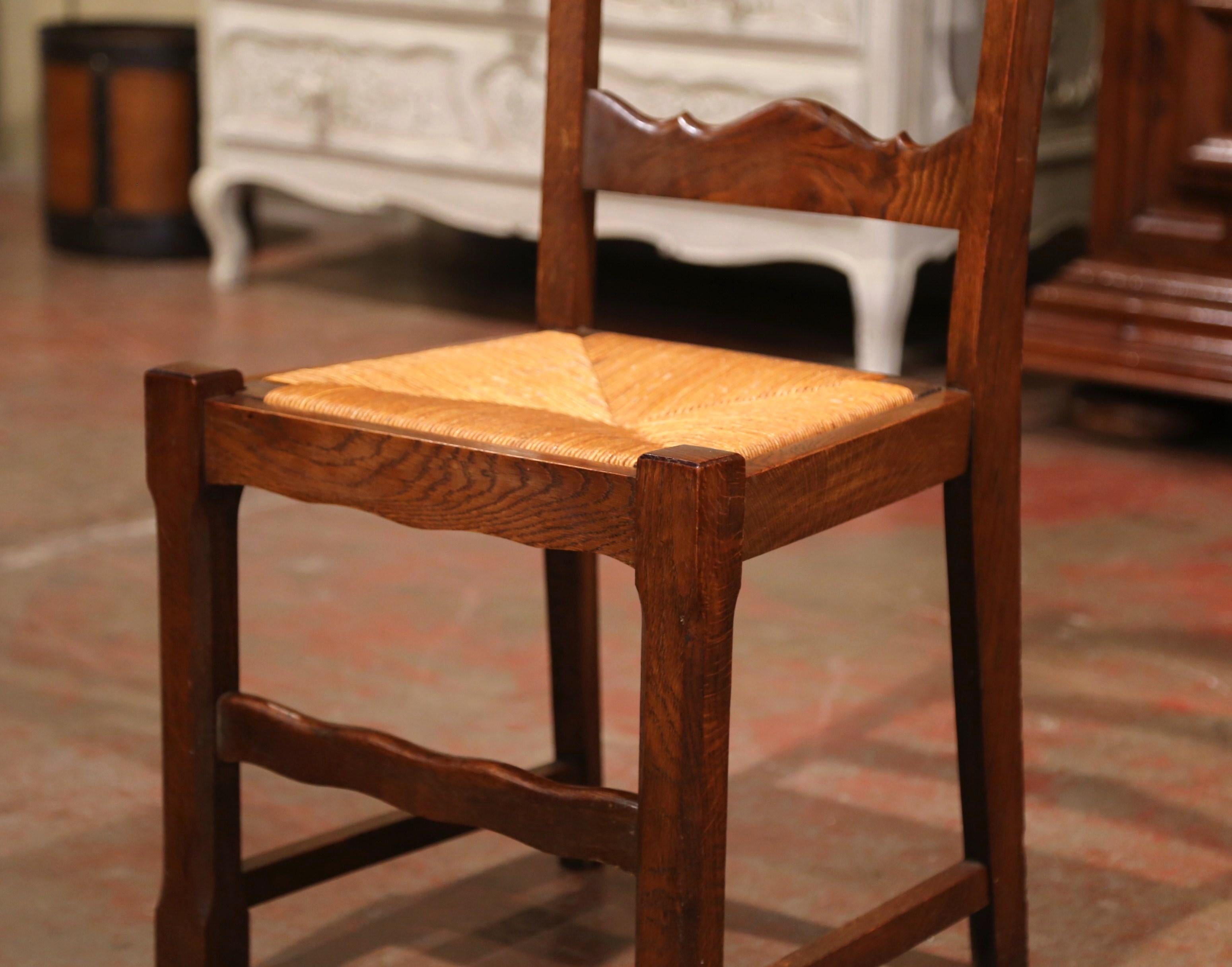 Country French Carved Oak Ladder Back Chairs with Rush Woven Seat, Set of Six