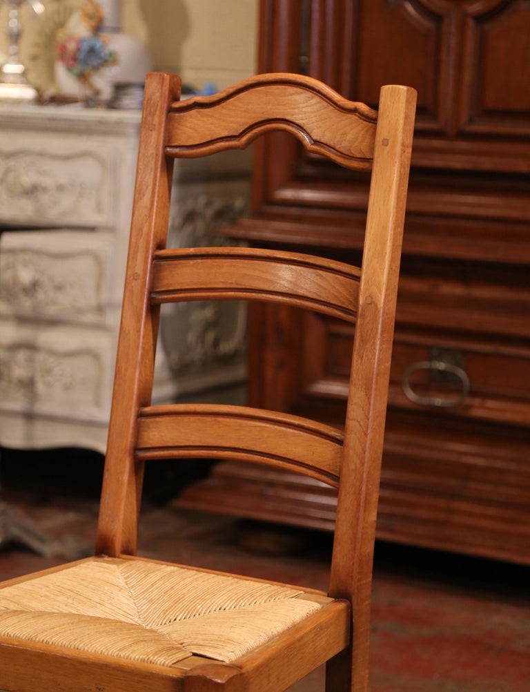 Country French Carved Oak Ladder Back Chairs with Rush Woven Seat, Set of Six For Sale