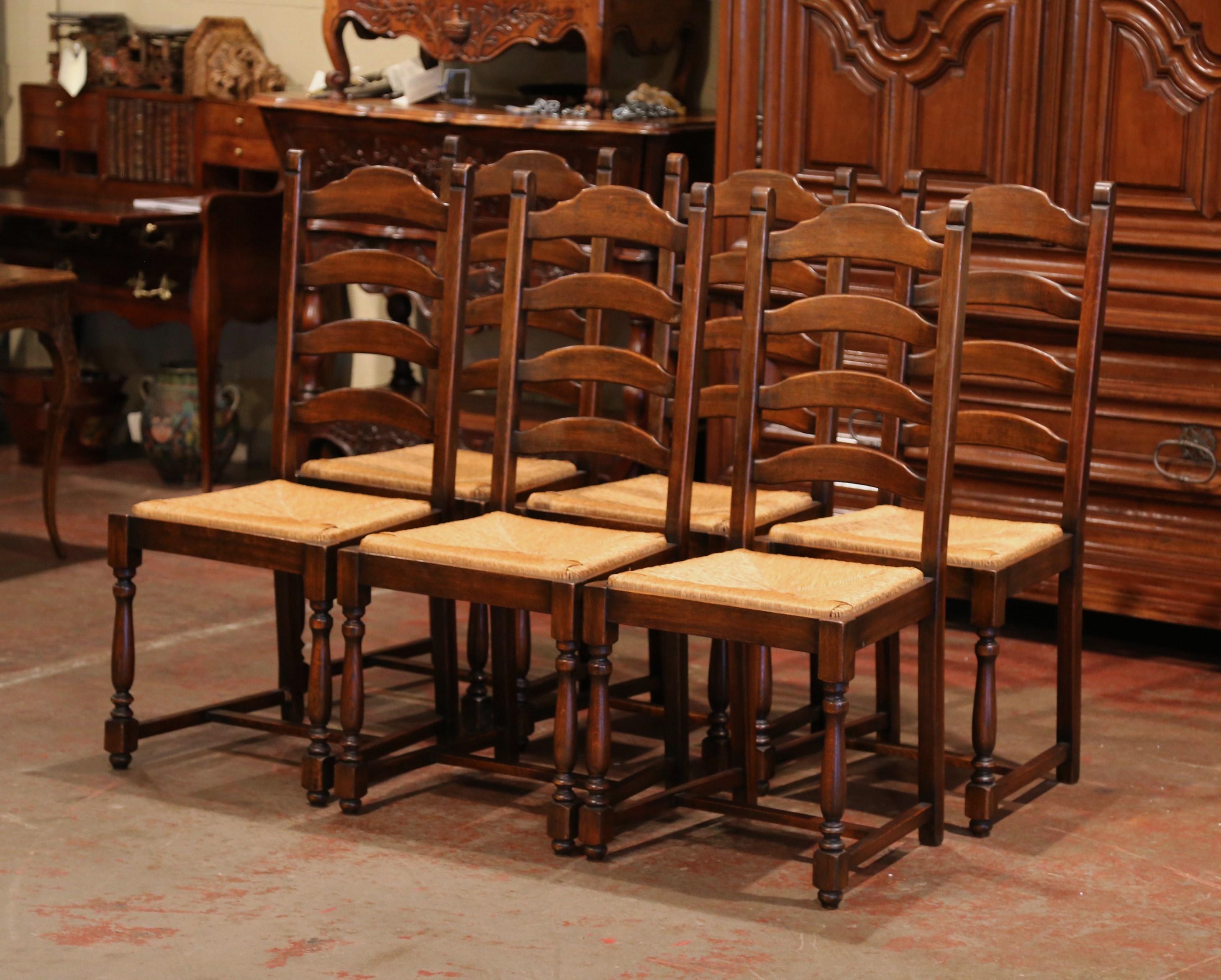 Country French Carved Oak Ladder Back Chairs with Rush Woven Seat, Set of Six