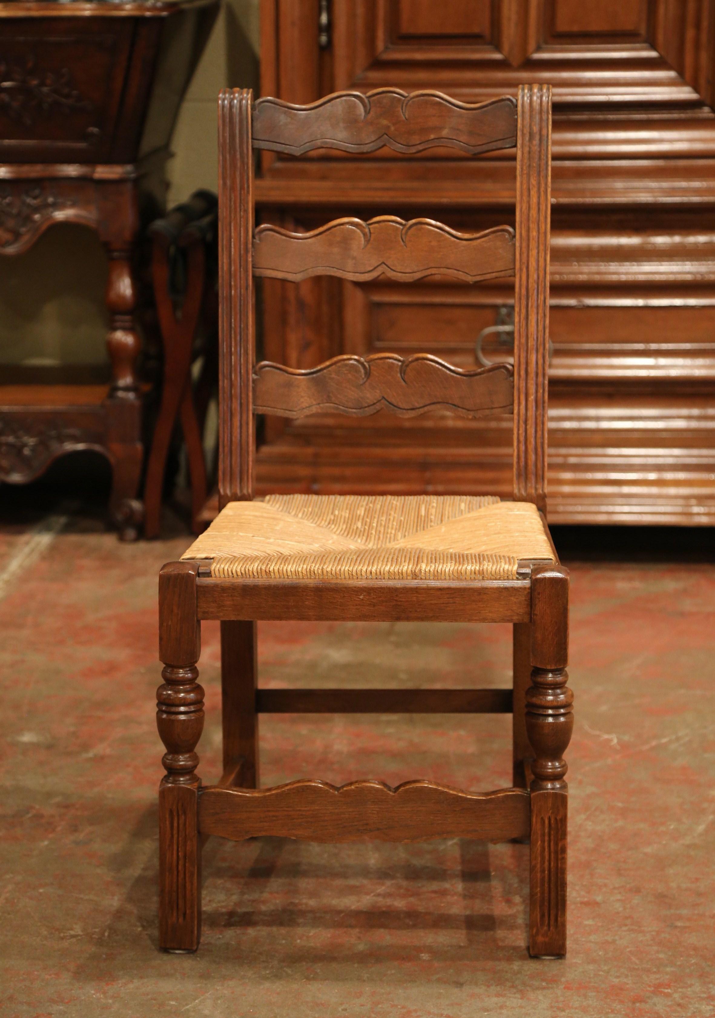 Hand-Carved French Carved Oak Ladder Back Chairs with Rush Woven Seat, Set of Six