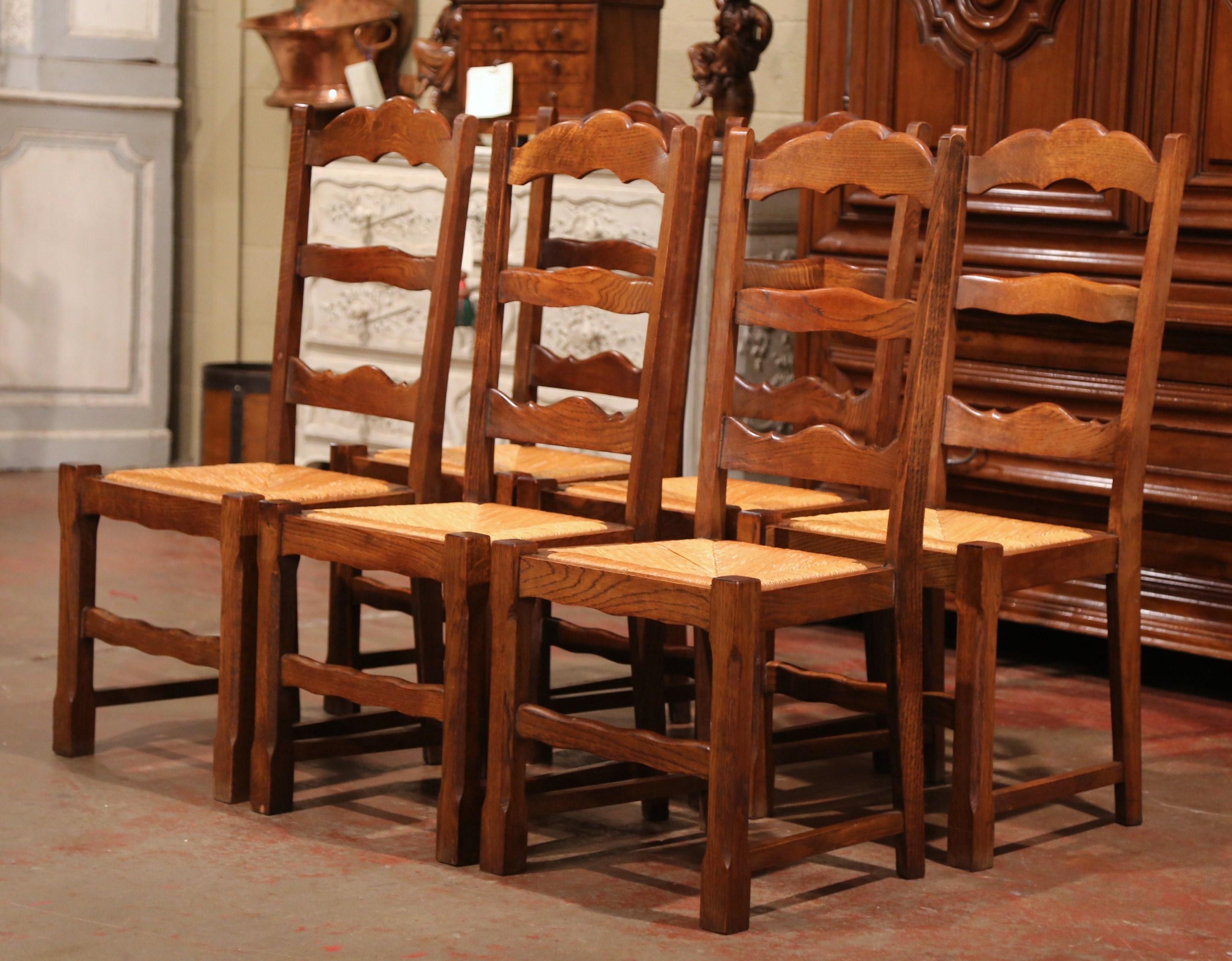 Patinated French Carved Oak Ladder Back Chairs with Rush Woven Seat, Set of Six