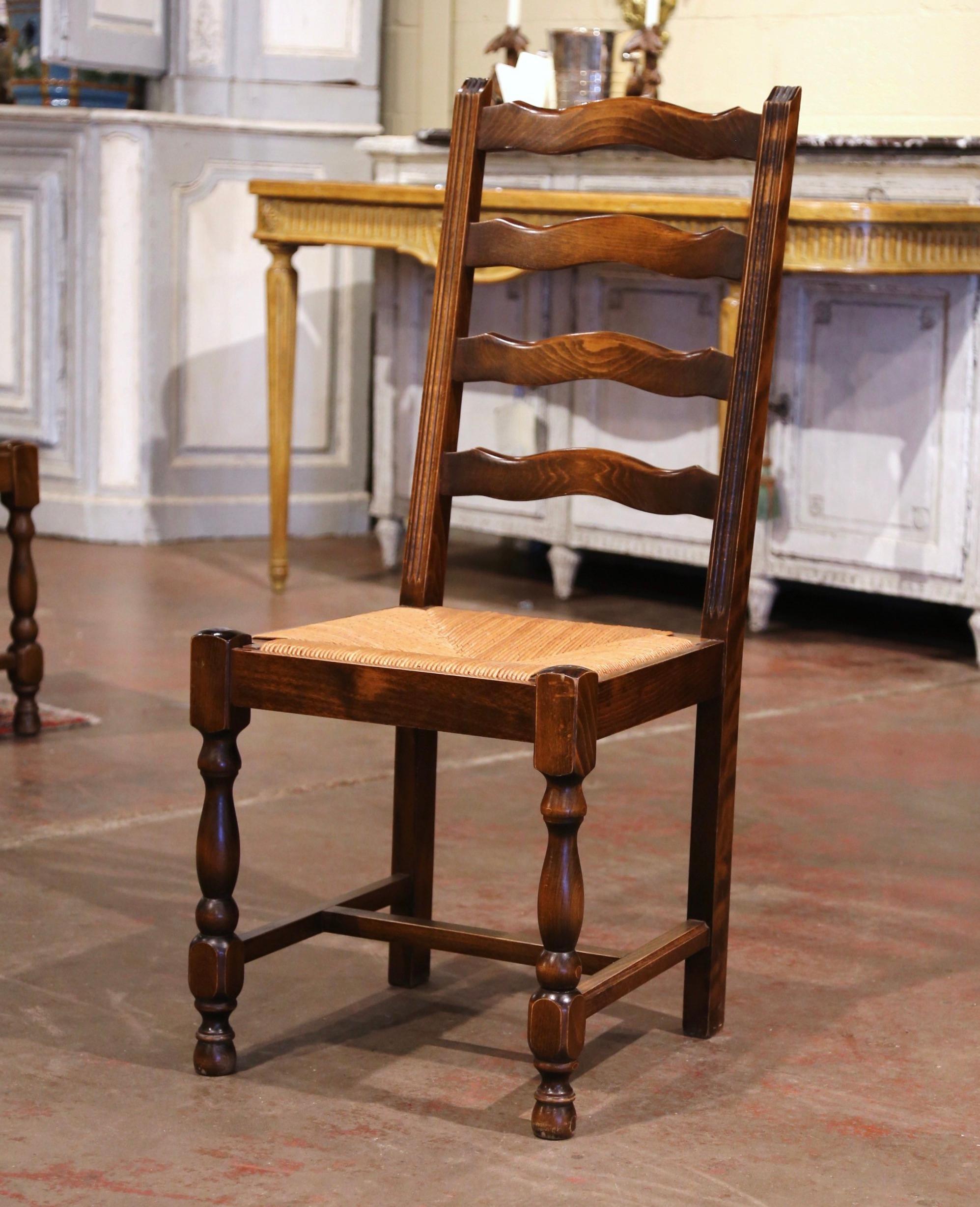 Patinated French Carved Oak Ladder Back Chairs with Rush Woven Seat, Set of Six