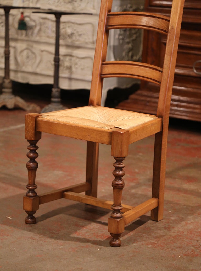 French Carved Oak Ladder Back Chairs with Rush Woven Seat, Set of Six In Excellent Condition For Sale In Dallas, TX