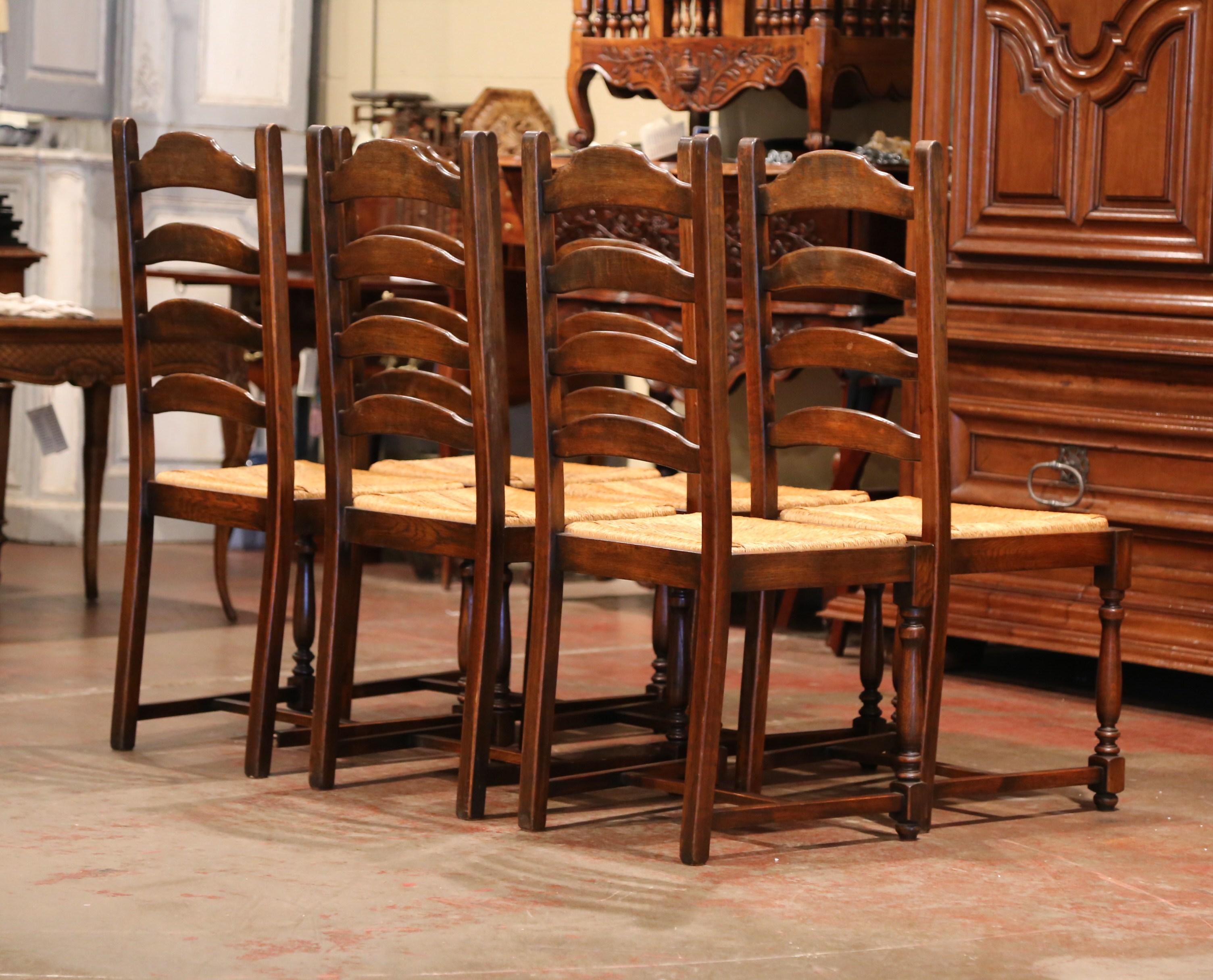 Hand-Carved French Carved Oak Ladder Back Chairs with Rush Woven Seat, Set of Six