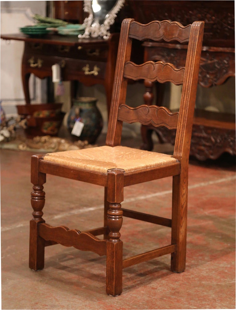French Carved Oak Ladder Back Chairs with Rush Woven Seat, Set of Six